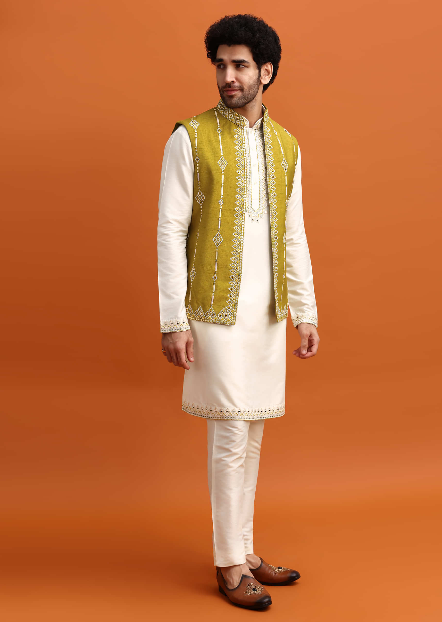 Olive Green Silk Kurta Jacket Set With Mirror Work