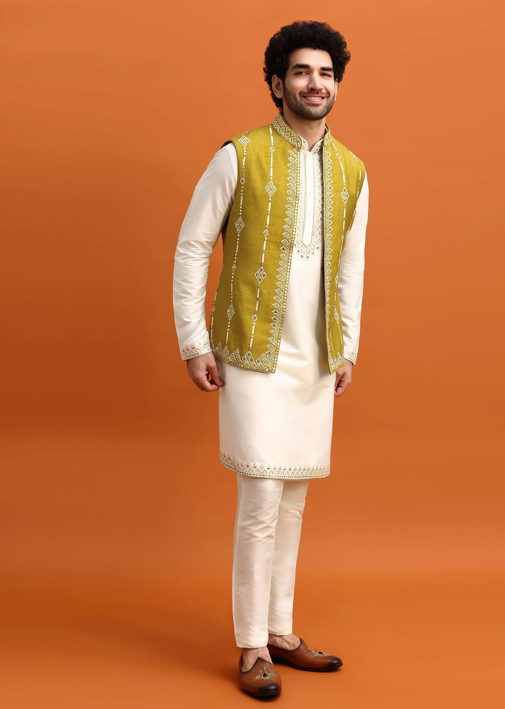Olive Green Silk Kurta Jacket Set With Mirror Work - Image 3