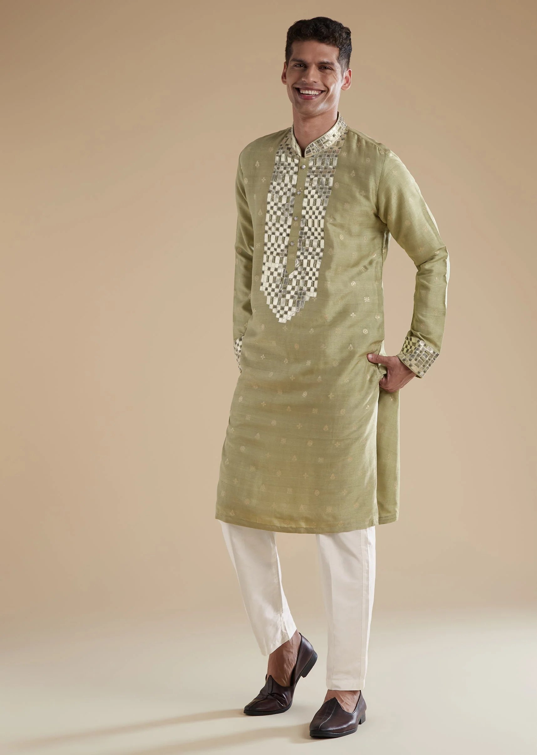 Olive Green Silk Kurta Set With Leather Metal Bead Work - Image 3
