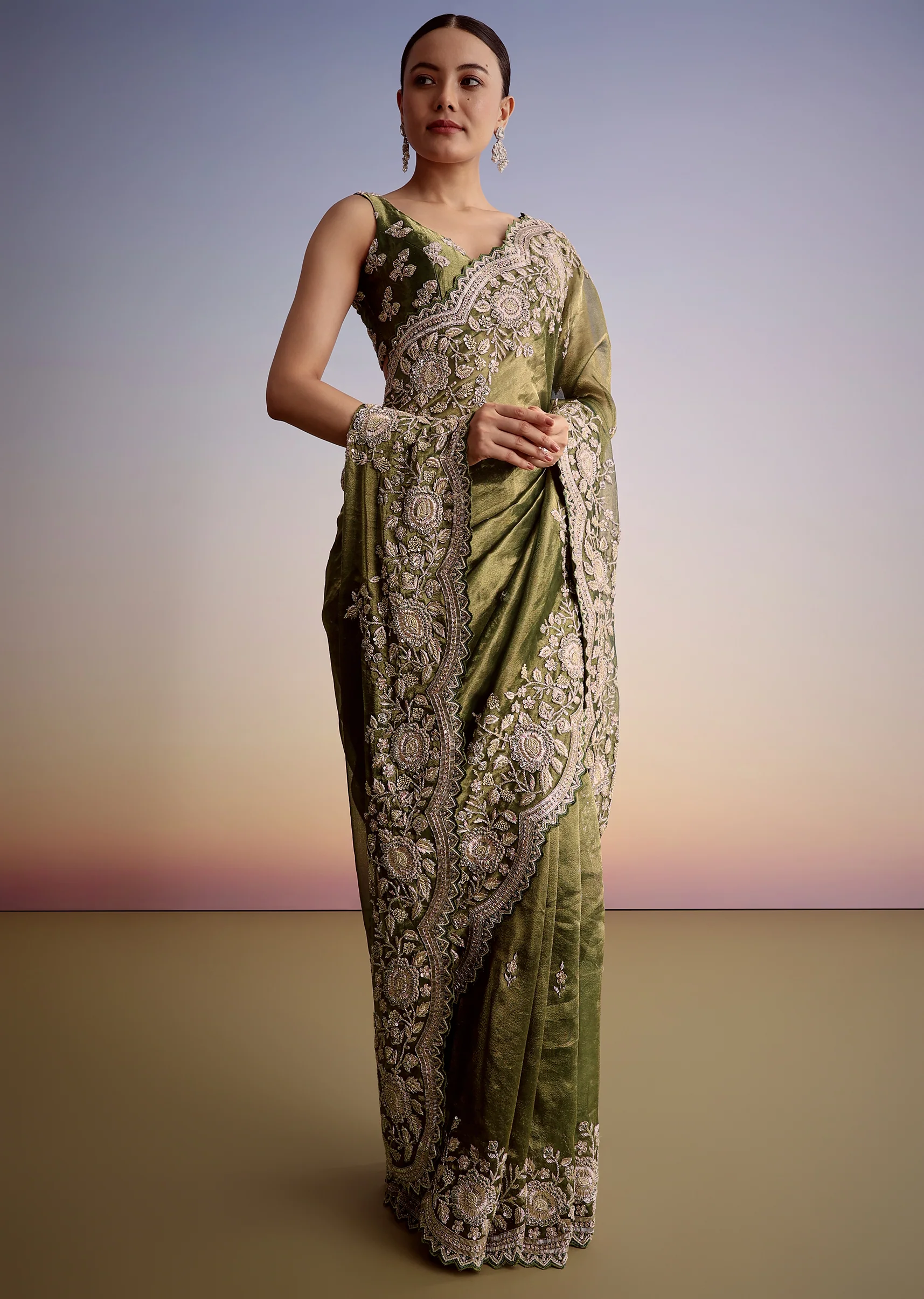 Olive Green Tissue Saree With Scallop Embroidered Border - Image 10