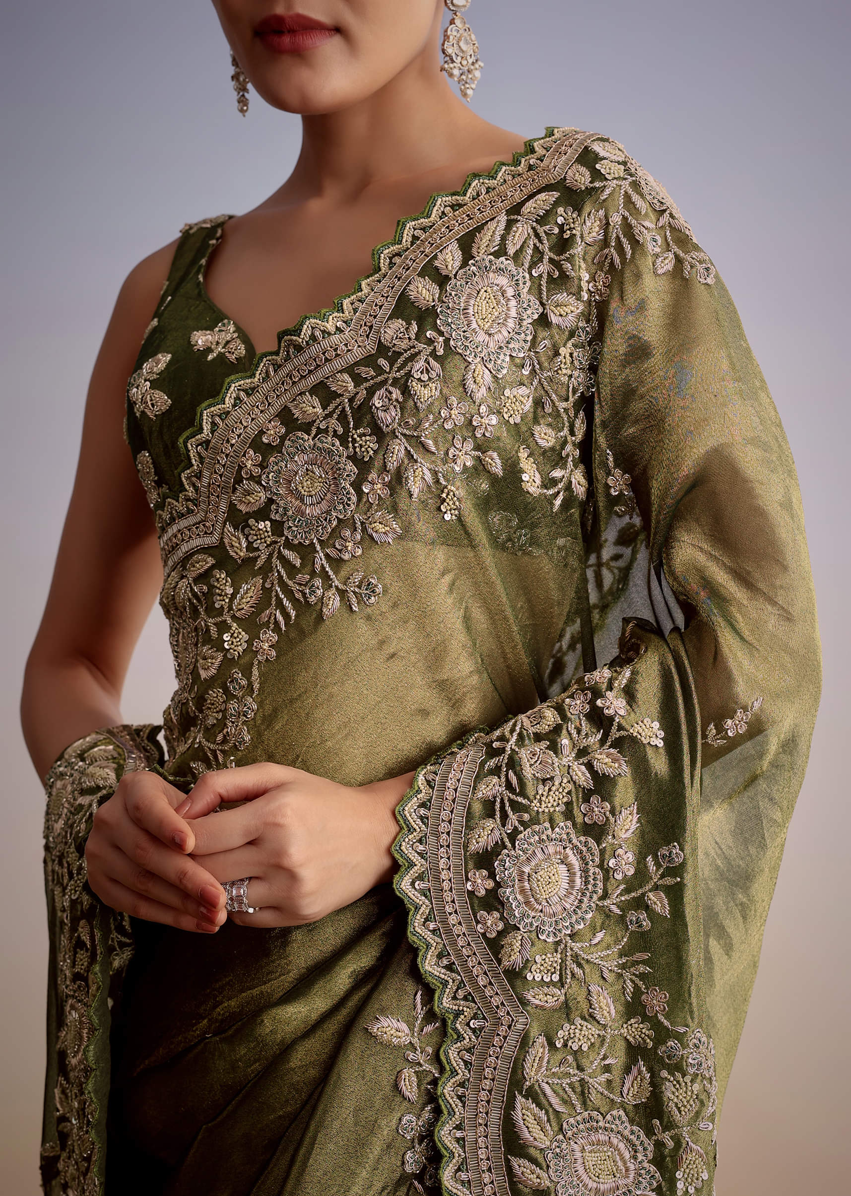 Olive Green Tissue Saree With Scallop Embroidered Border - Image 3
