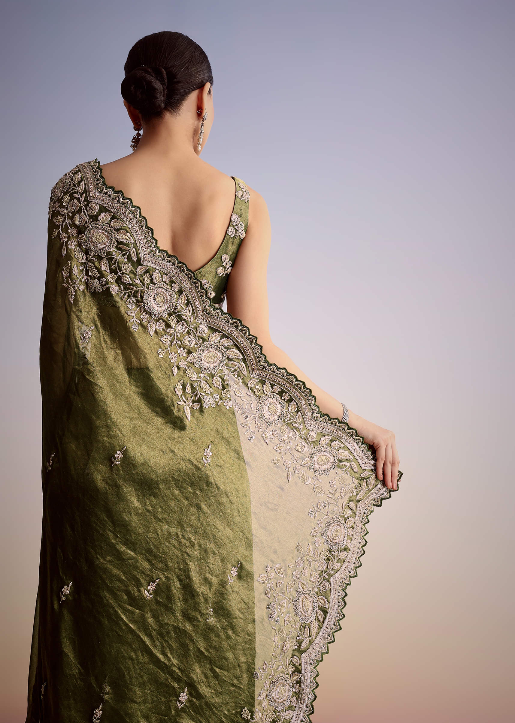 Olive Green Tissue Saree With Scallop Embroidered Border - Image 4