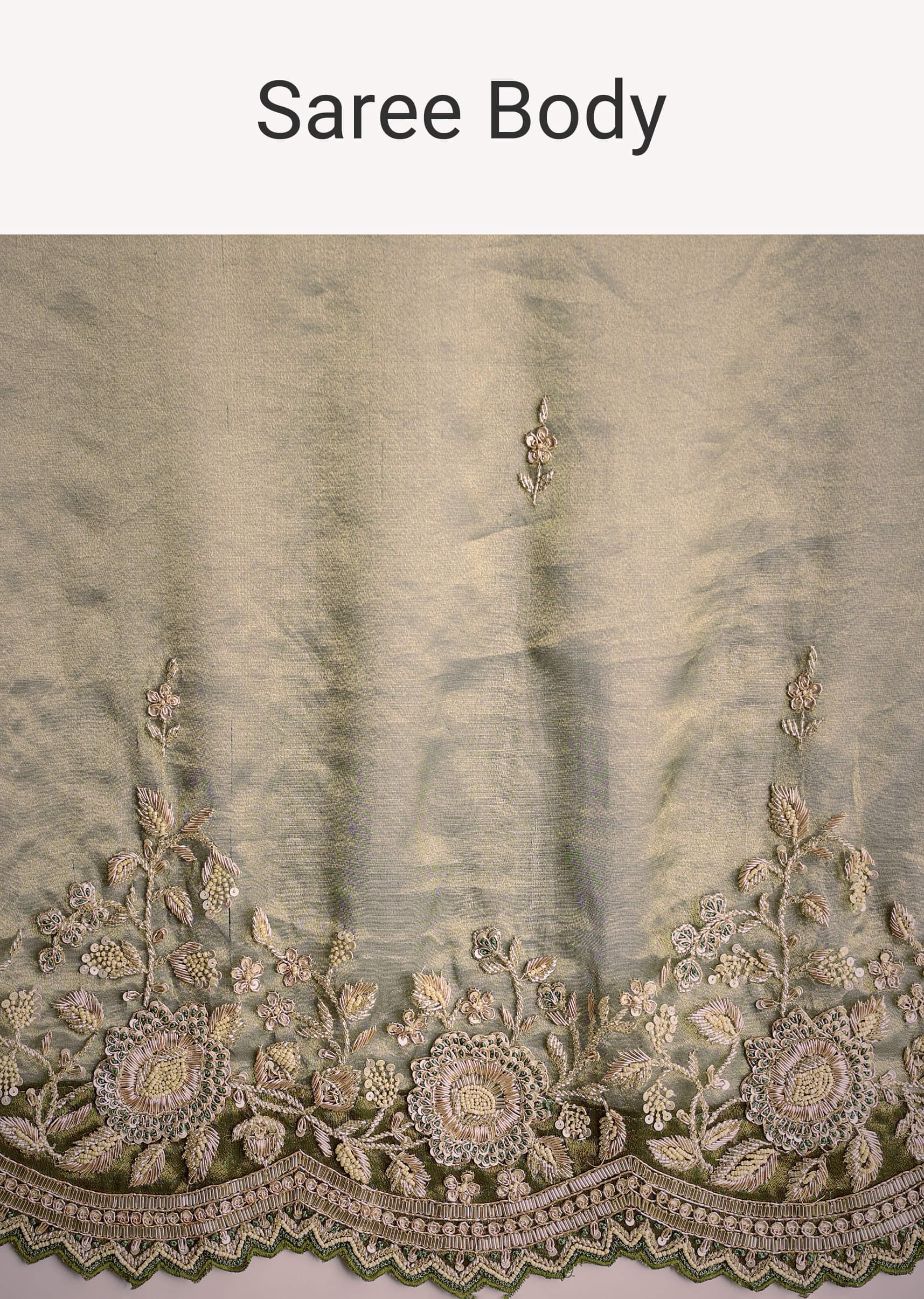 Olive Green Tissue Saree With Scallop Embroidered Border - Image 9