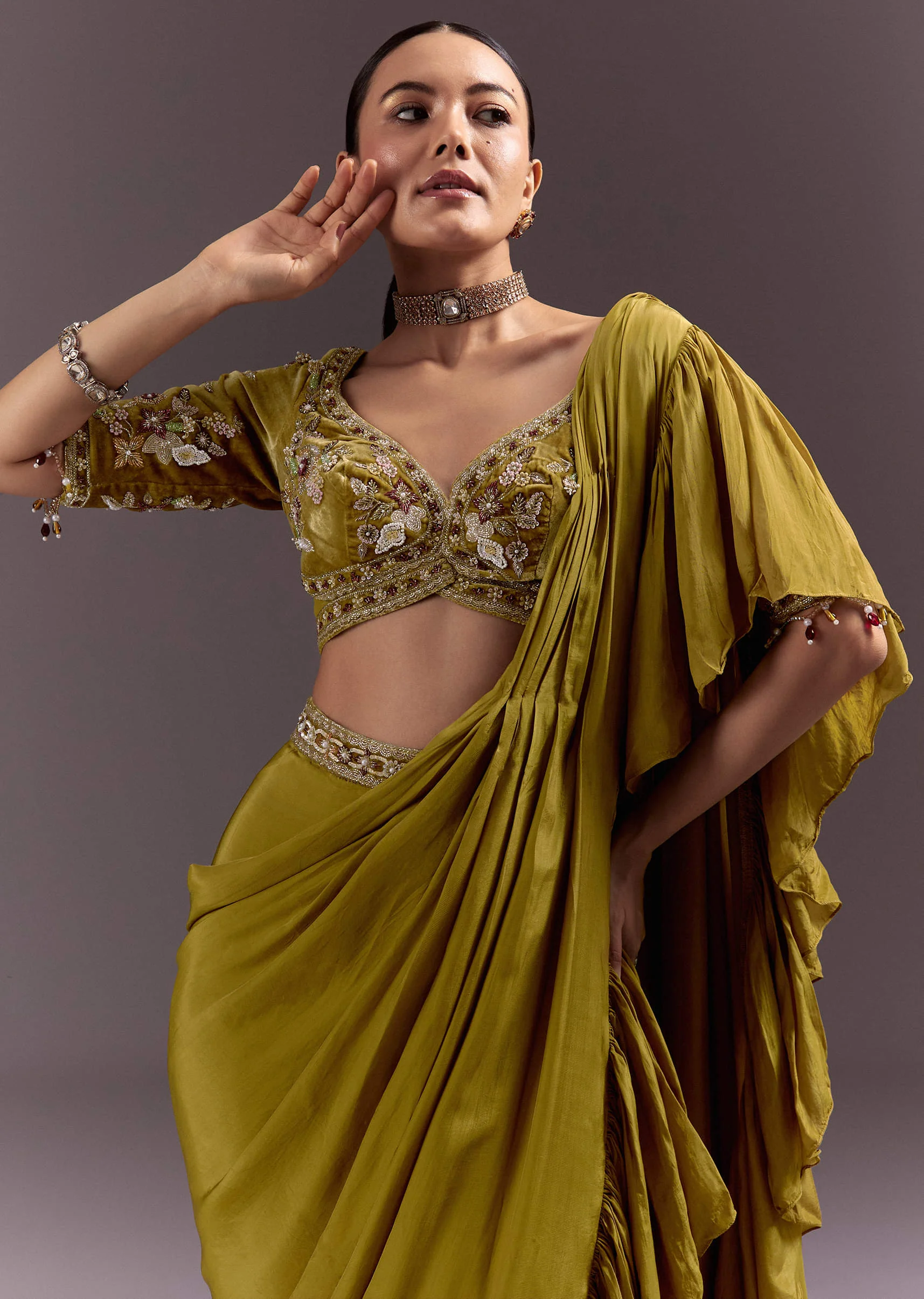 Olive Green Velvet Saree With Frilled Pallu And Heavy Embroidered Blouse - Image 2