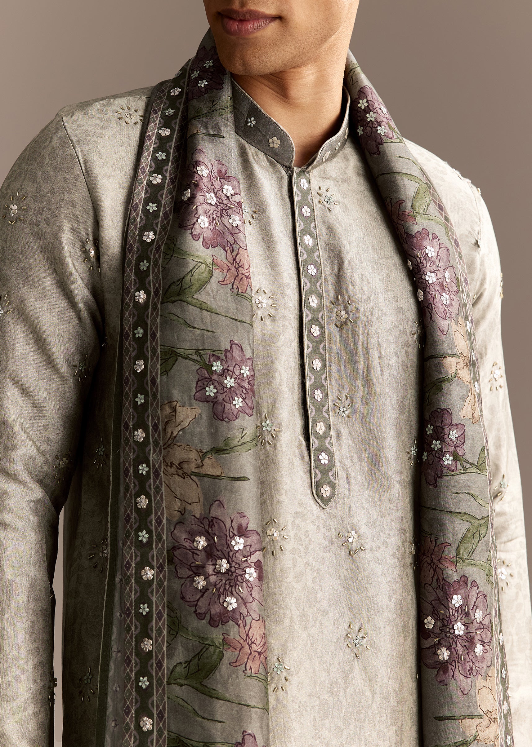 Olive Indie Coordinated Set – Printed Kurta Set With Dupatta For Her And Olive Silk Kurta Set With Dupatta For Him - Image 7