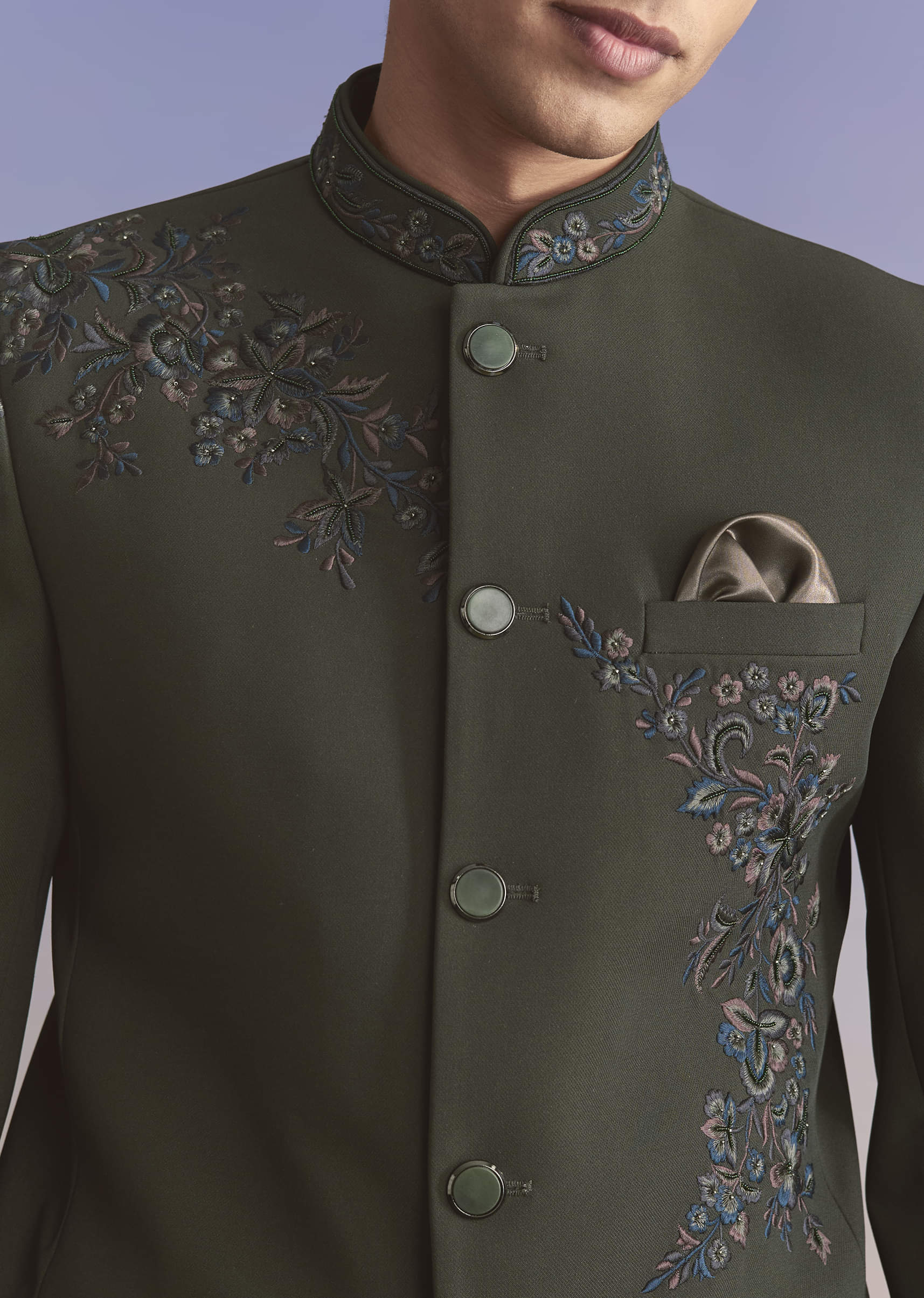Olive Jodhpuri Suit For Men With Resham Work - Image 2