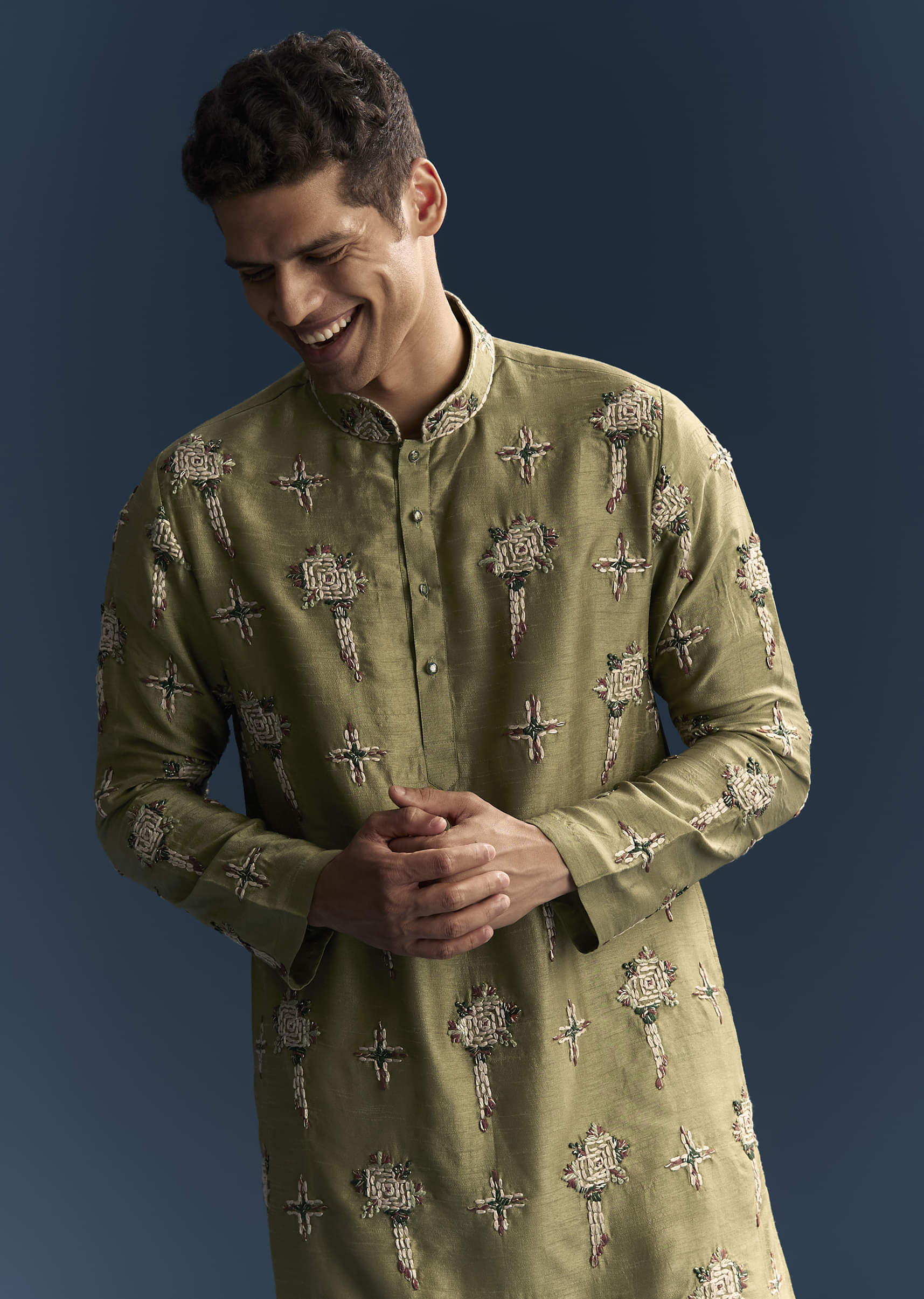 Olive Kurta Set For Men With Floral Thread Embroidery - Image 5