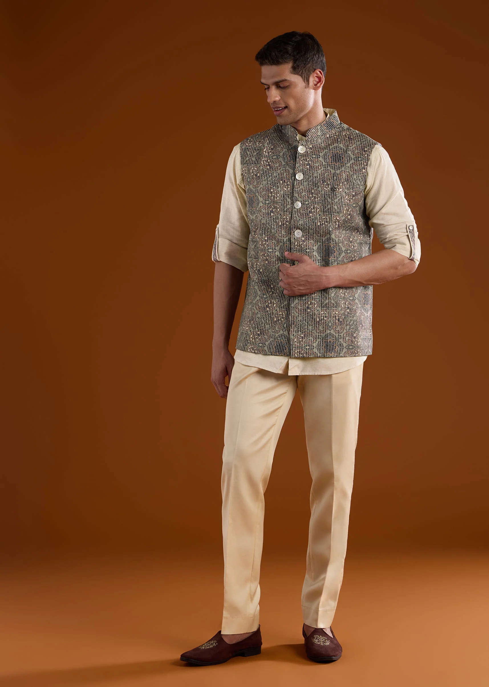 Olive Silk Mens Kurta Jacket Set