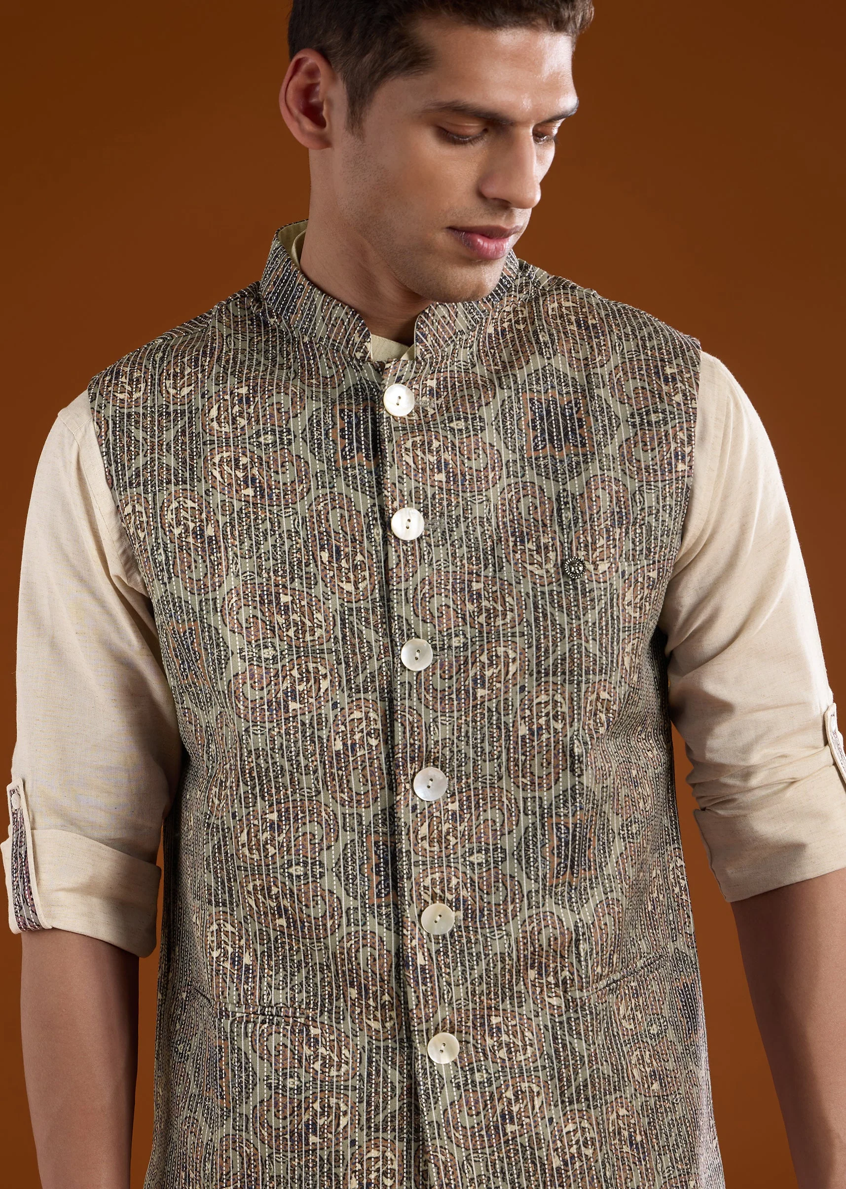 Olive Silk Mens Kurta Jacket Set - Image 2