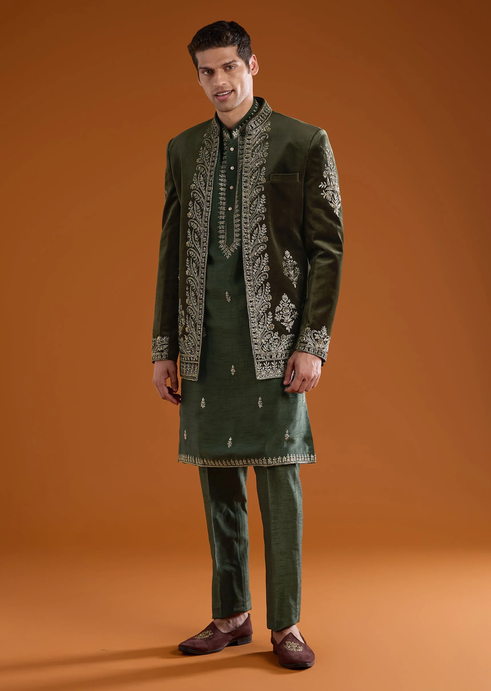Olive Velvet Jodhpuri Kurta Set with Zardozi Embroidery