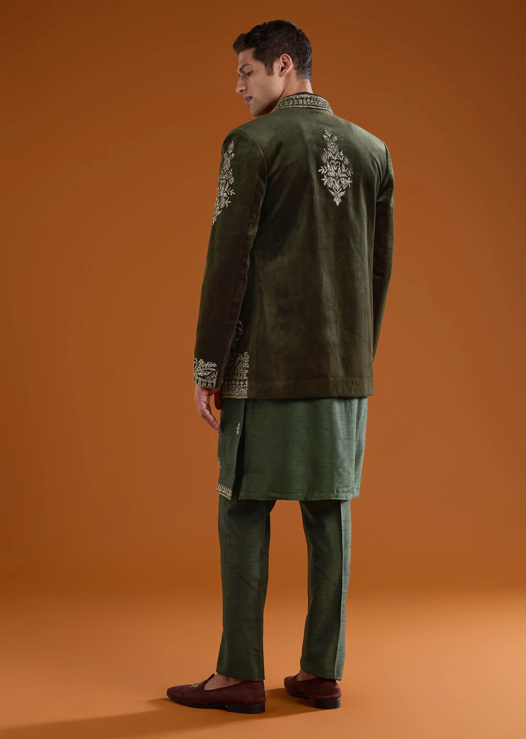 Olive Velvet Jodhpuri Kurta Set with Zardozi Embroidery - Image 5