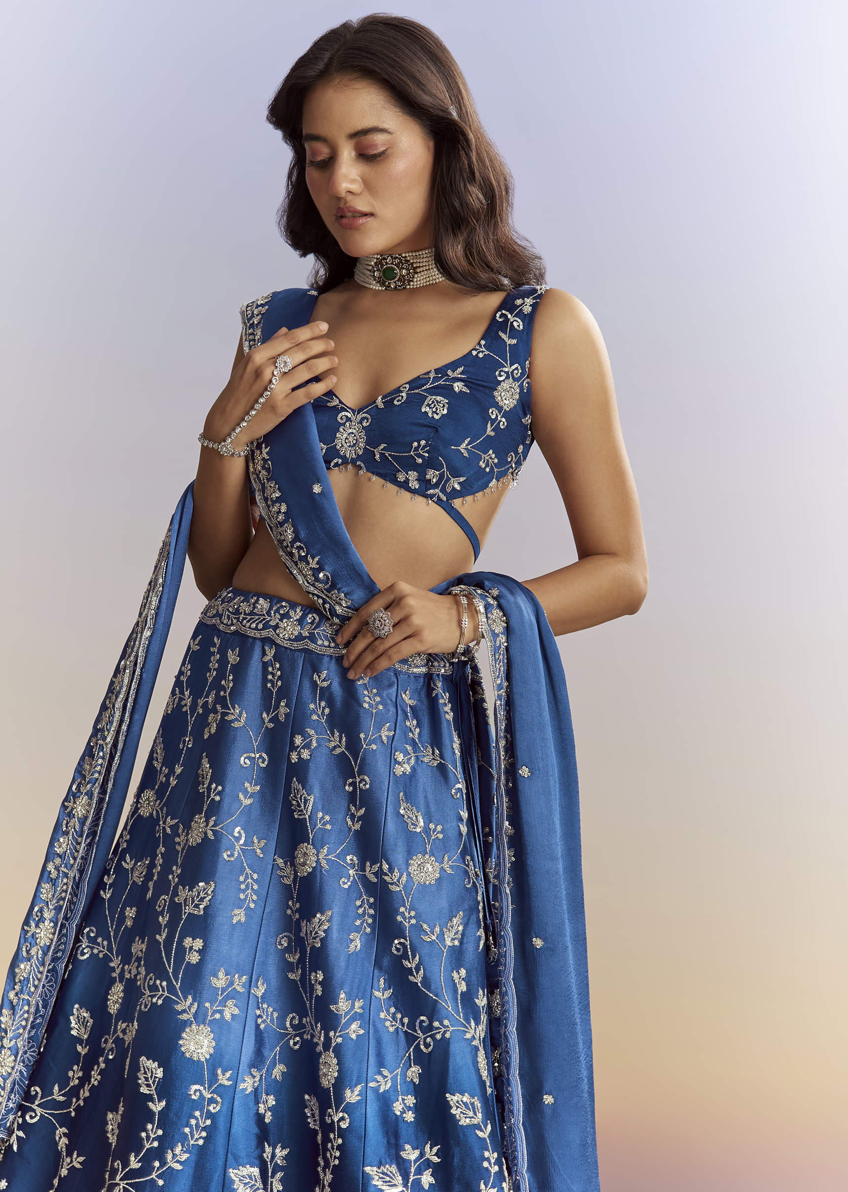 Ombre Blue Satin Bridesmaid Lehenga With Heavy Embroidery - Image 5