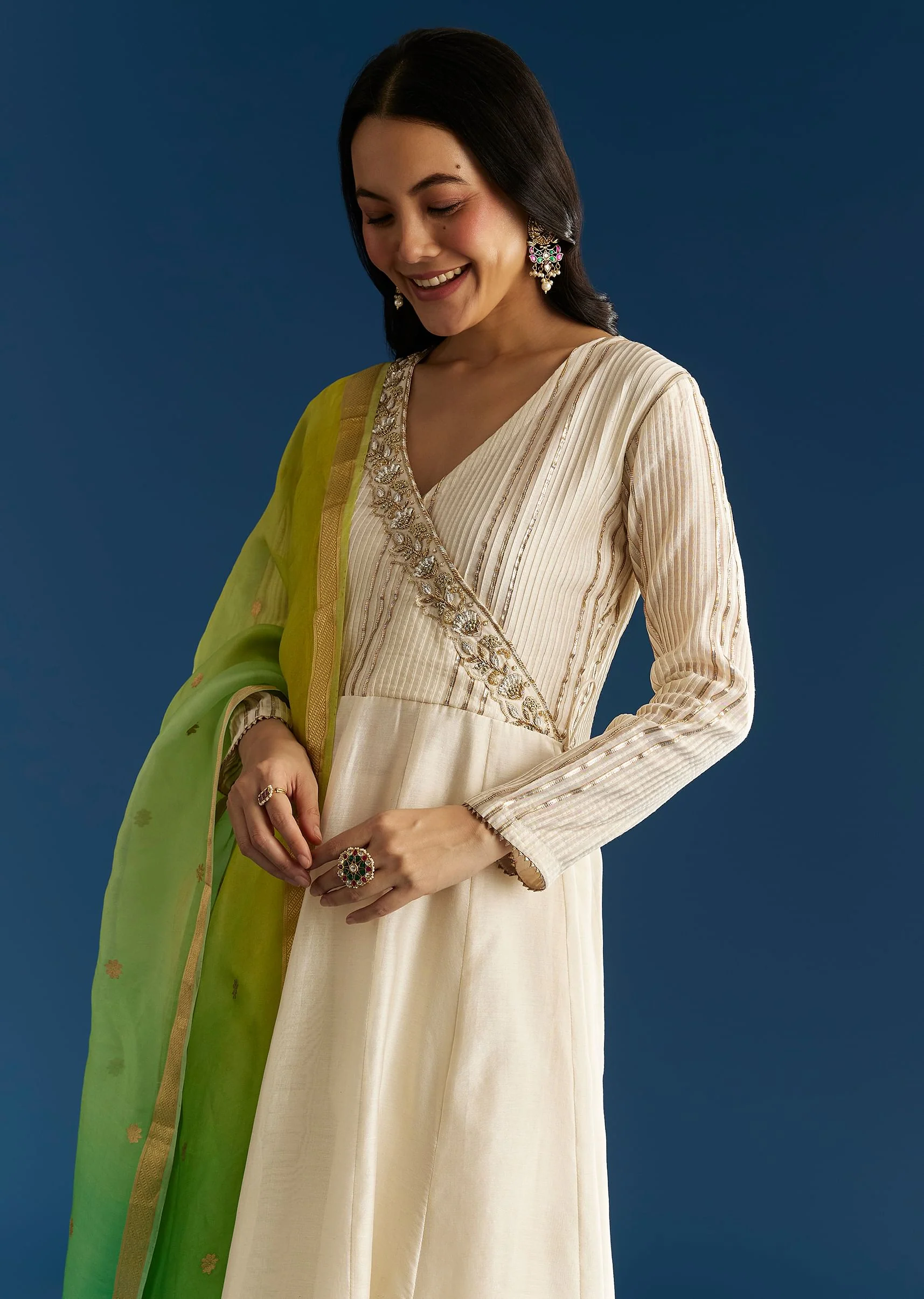 Ombre Chanderi Angrakha Style Anarkali Suit With Ombre Dupatta - Image 4