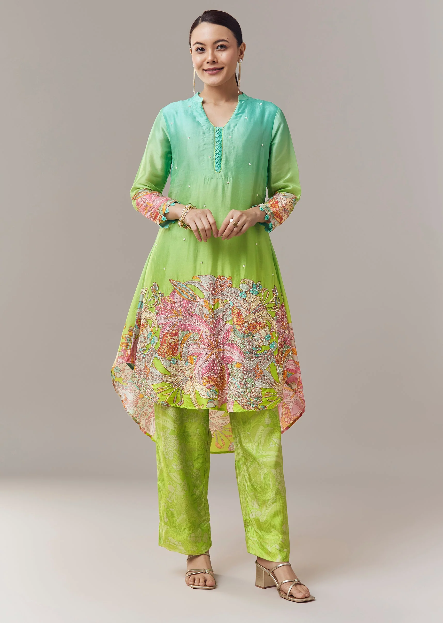 Ombre Green Silk Coord Set With Floral Embellishment