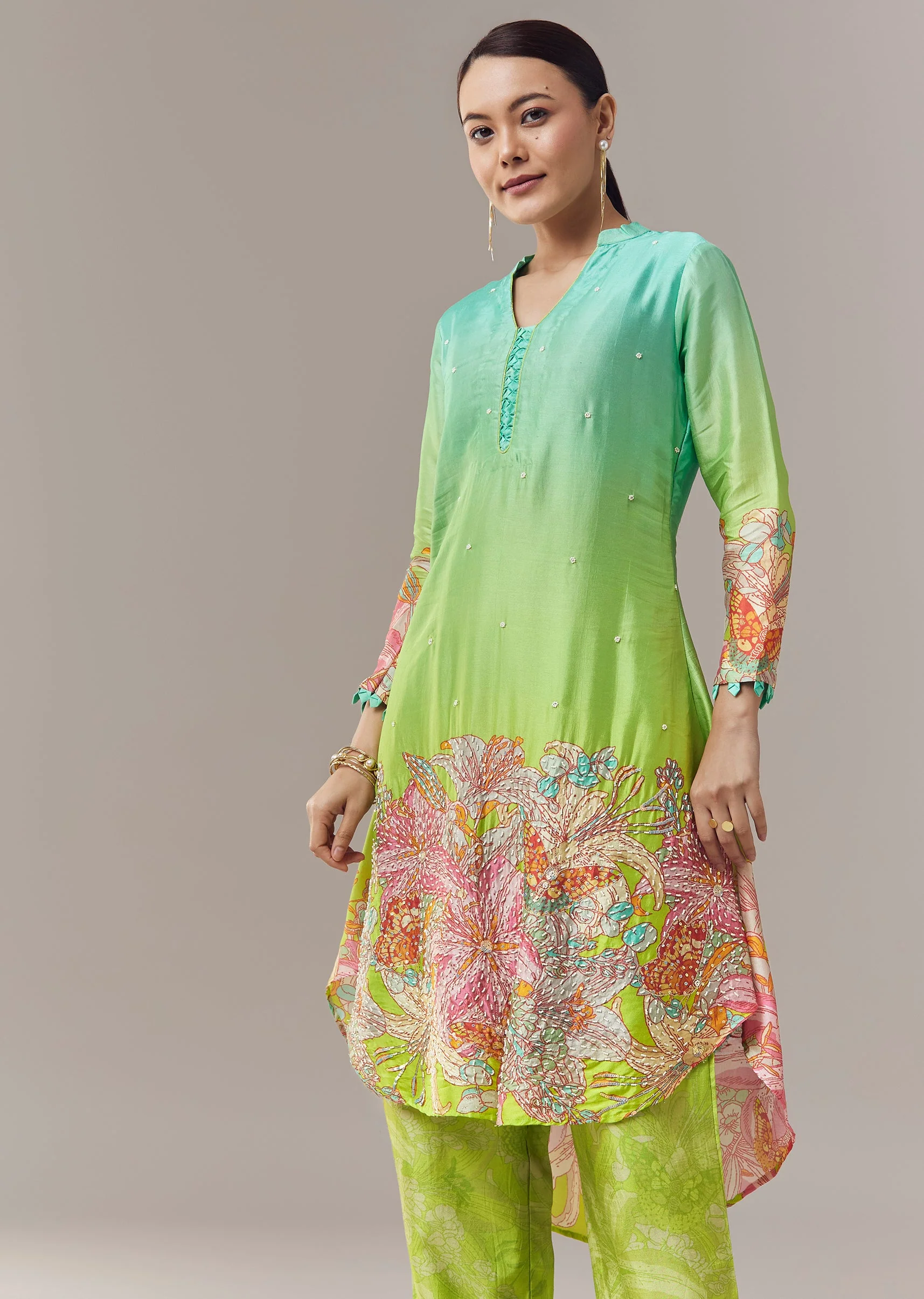 Ombre Green Silk Coord Set With Floral Embellishment - Image 4