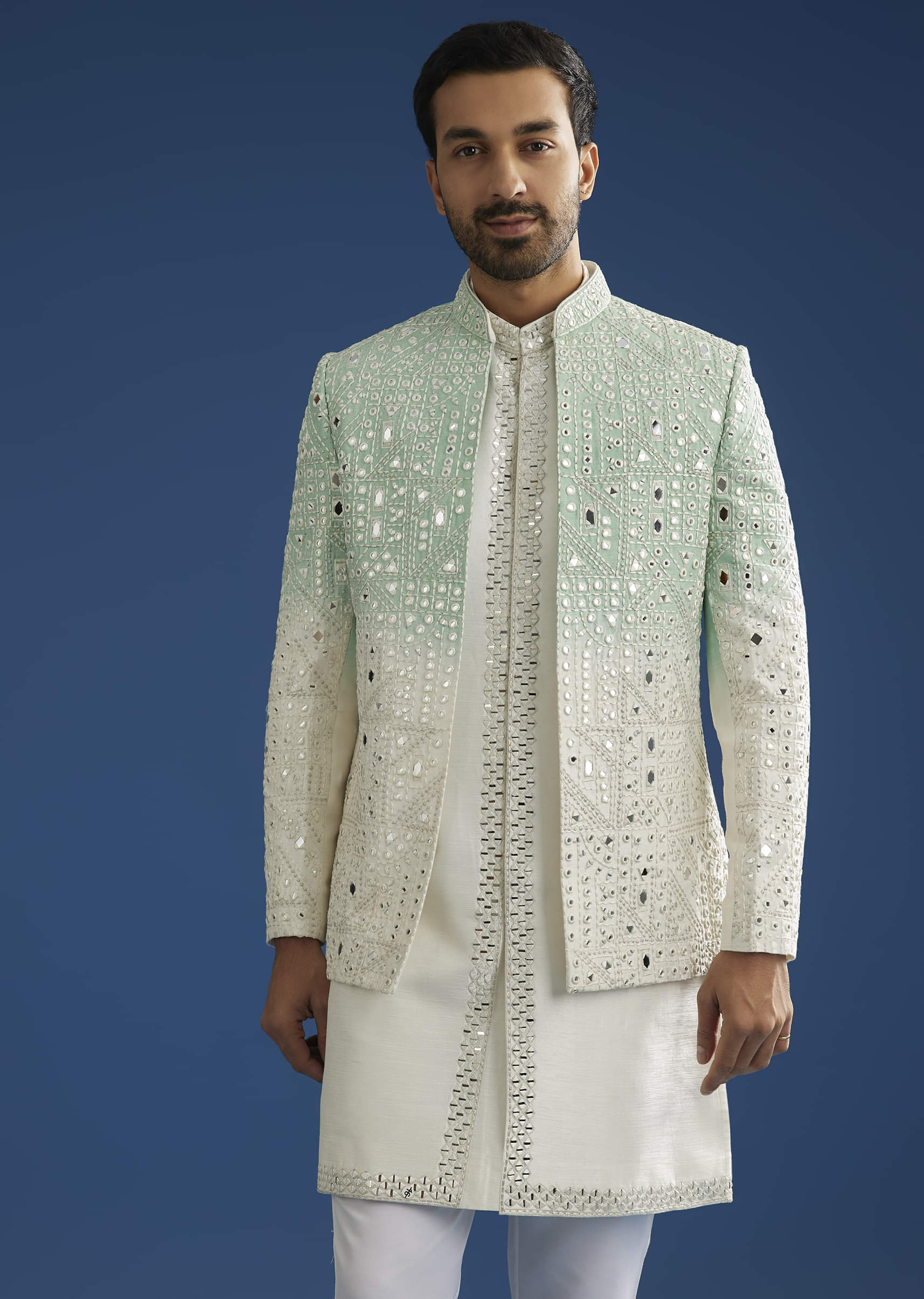 Ombre Green Silk Indo Western Jacket Set With Mirror And Thread Work - Image 2