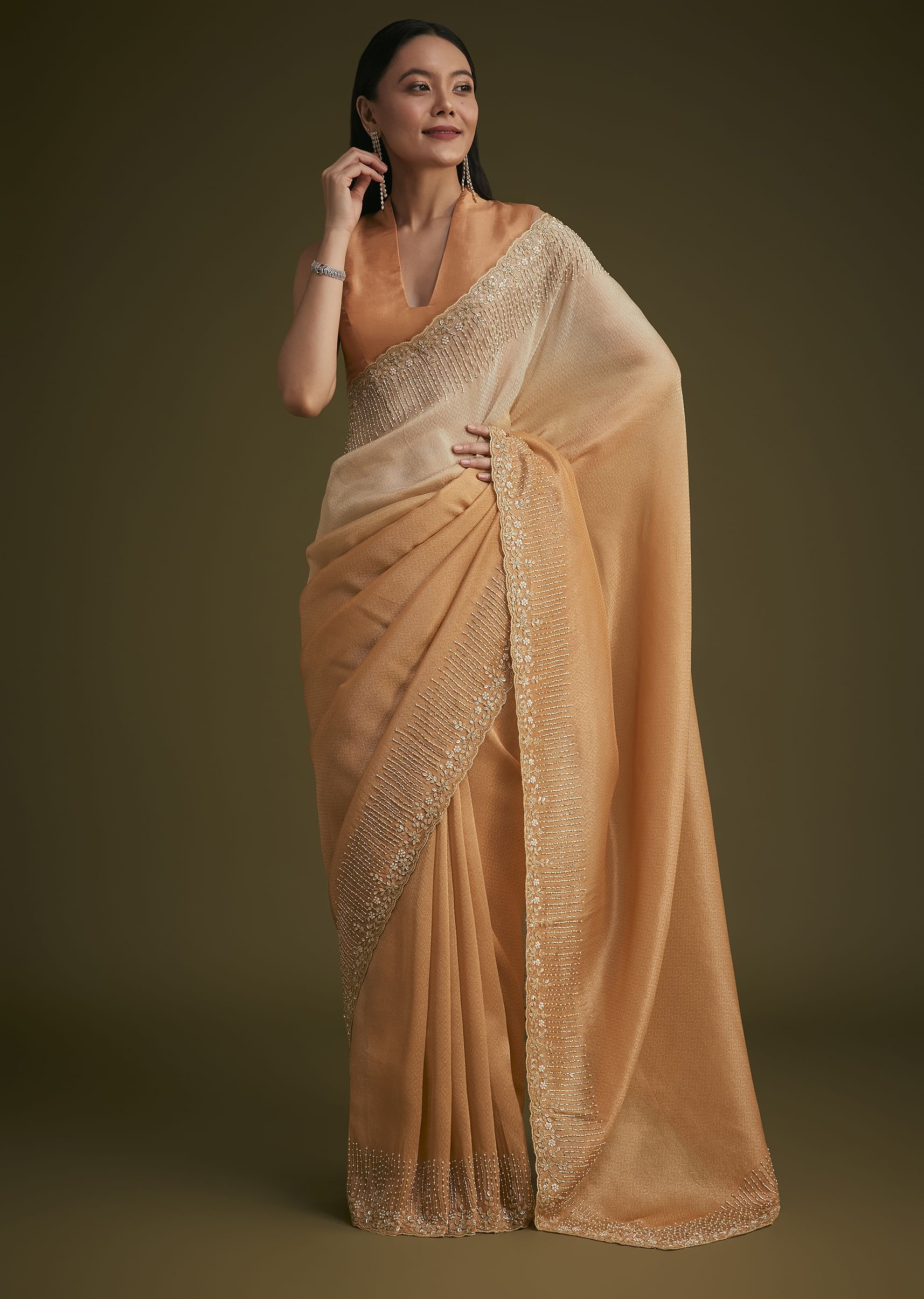 Ombre Orange Jacquard Saree With Cutdana And Stone Embroidery - Image 2