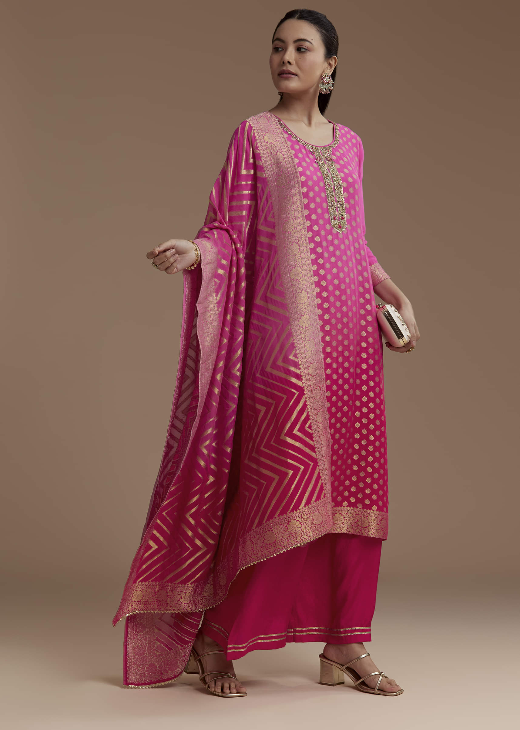 Ombre Pink Jacquard Weave Kurta Set - Image 3