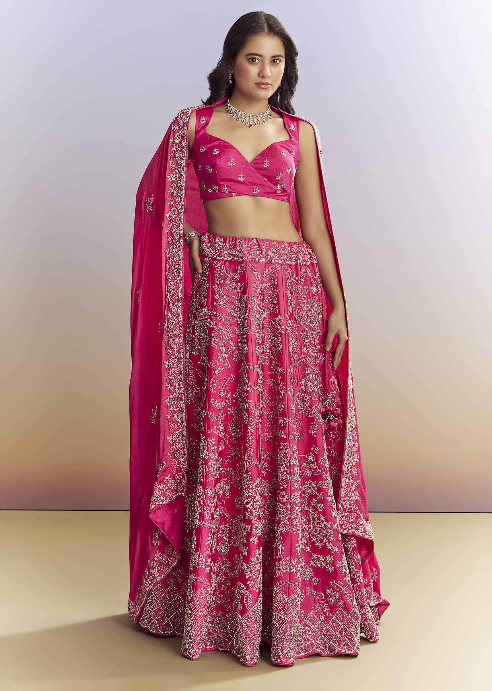 Ombre Pink Satin Bridesmaid Lehenga With Heavy Embroidery - Image 6