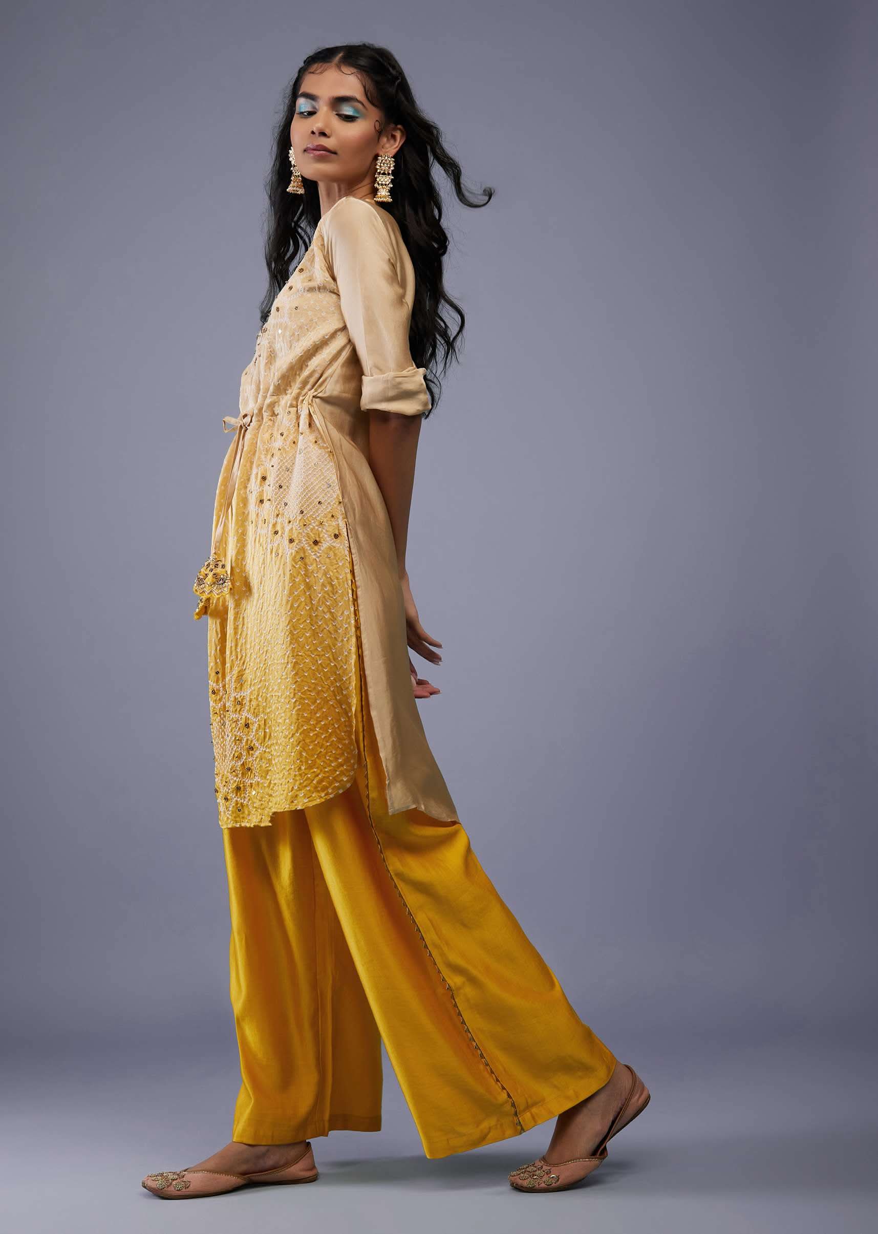 Ombre Shaded Champagne Brown And Cyber Yellow Gajji Silk Bandhani Top With Cotton Silk Palazzo - Image 14