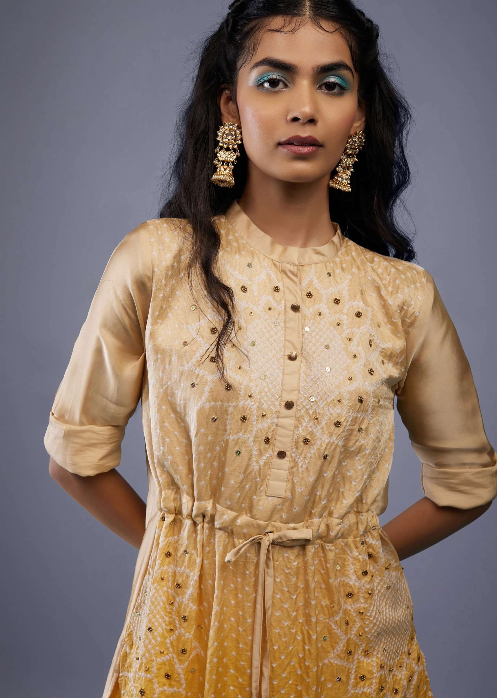 Ombre Shaded Champagne Brown And Cyber Yellow Gajji Silk Bandhani Top With Cotton Silk Palazzo - Image 17