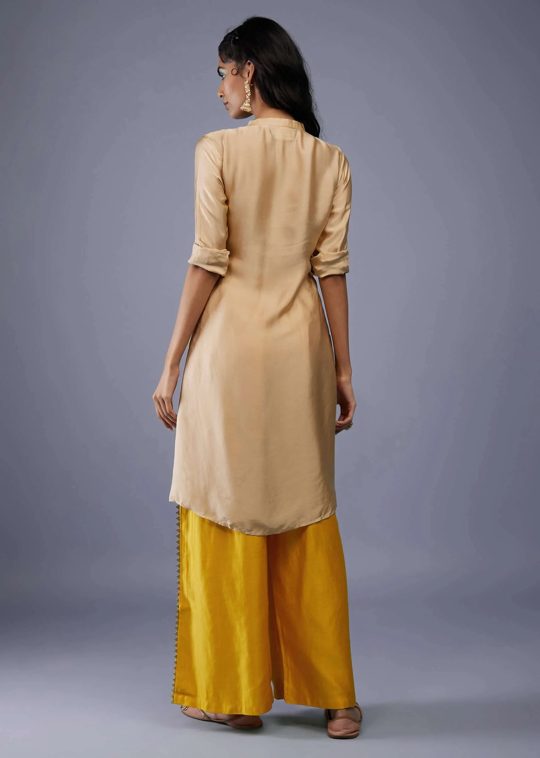 Ombre Shaded Champagne Brown And Cyber Yellow Gajji Silk Bandhani Top With Cotton Silk Palazzo - Image 18