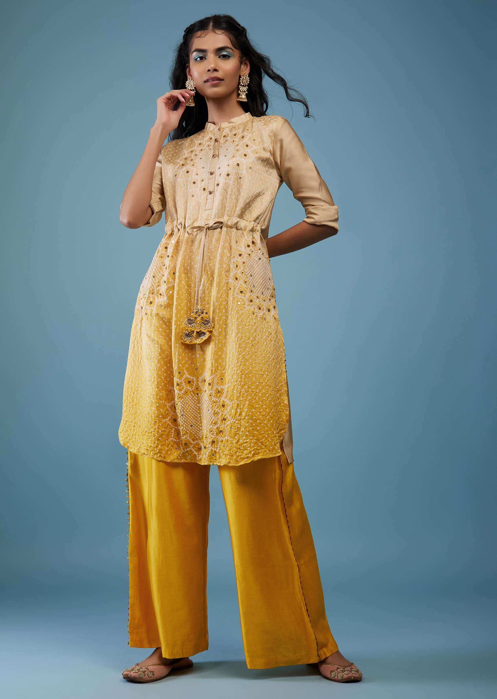 Ombre Shaded Champagne Brown And Cyber Yellow Gajji Silk Bandhani Top With Cotton Silk Palazzo - Image 3