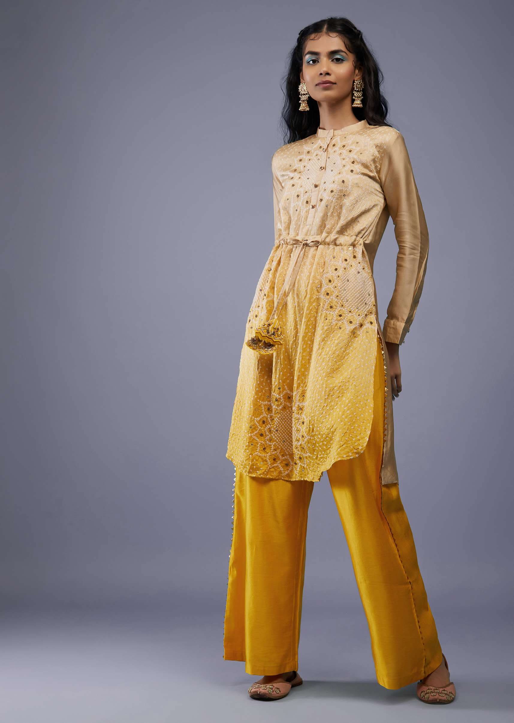 Ombre Shaded Champagne Brown And Cyber Yellow Gajji Silk Bandhani Top With Cotton Silk Palazzo - Image 5