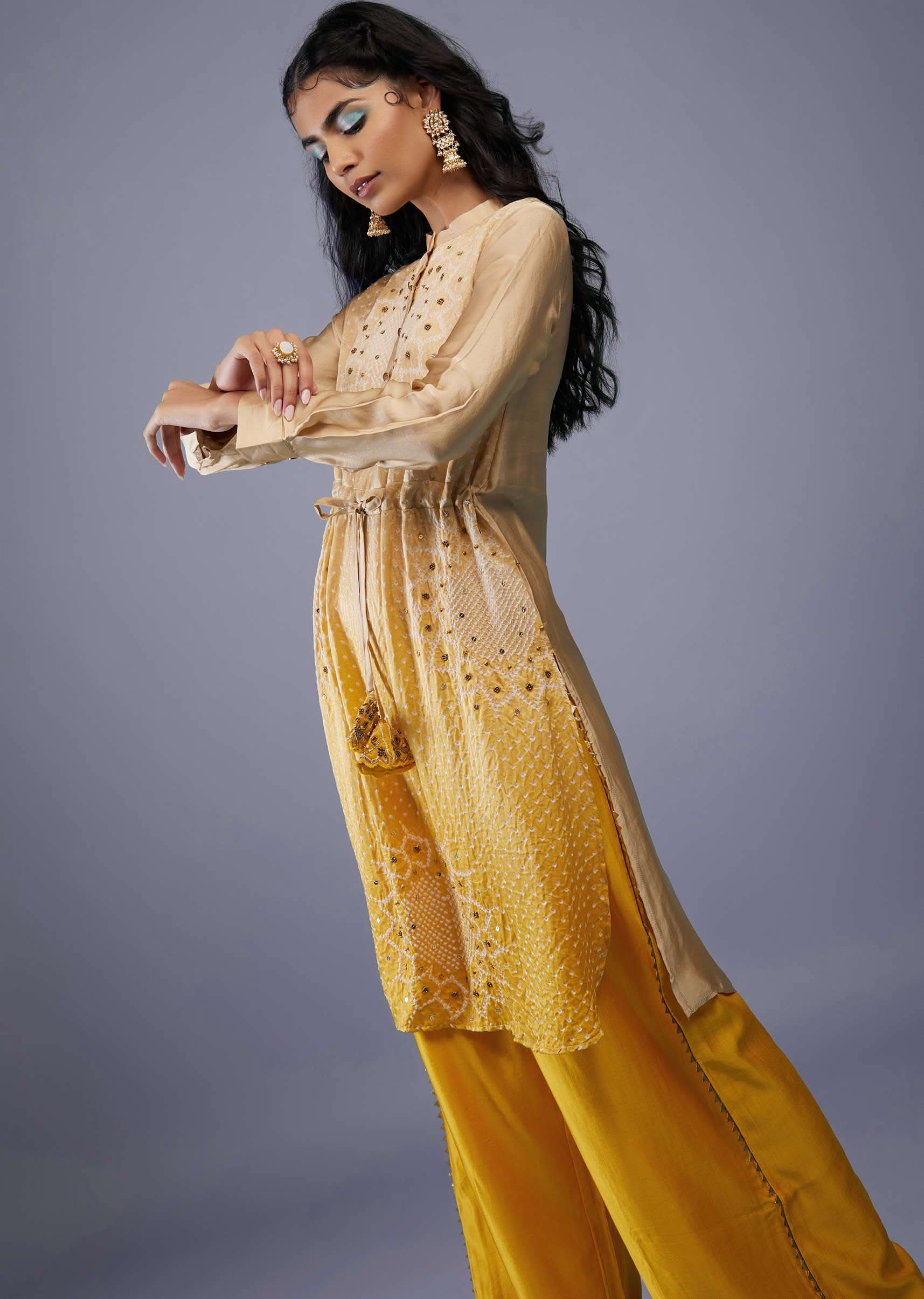 Ombre Shaded Champagne Brown And Cyber Yellow Gajji Silk Bandhani Top With Cotton Silk Palazzo - Image 9