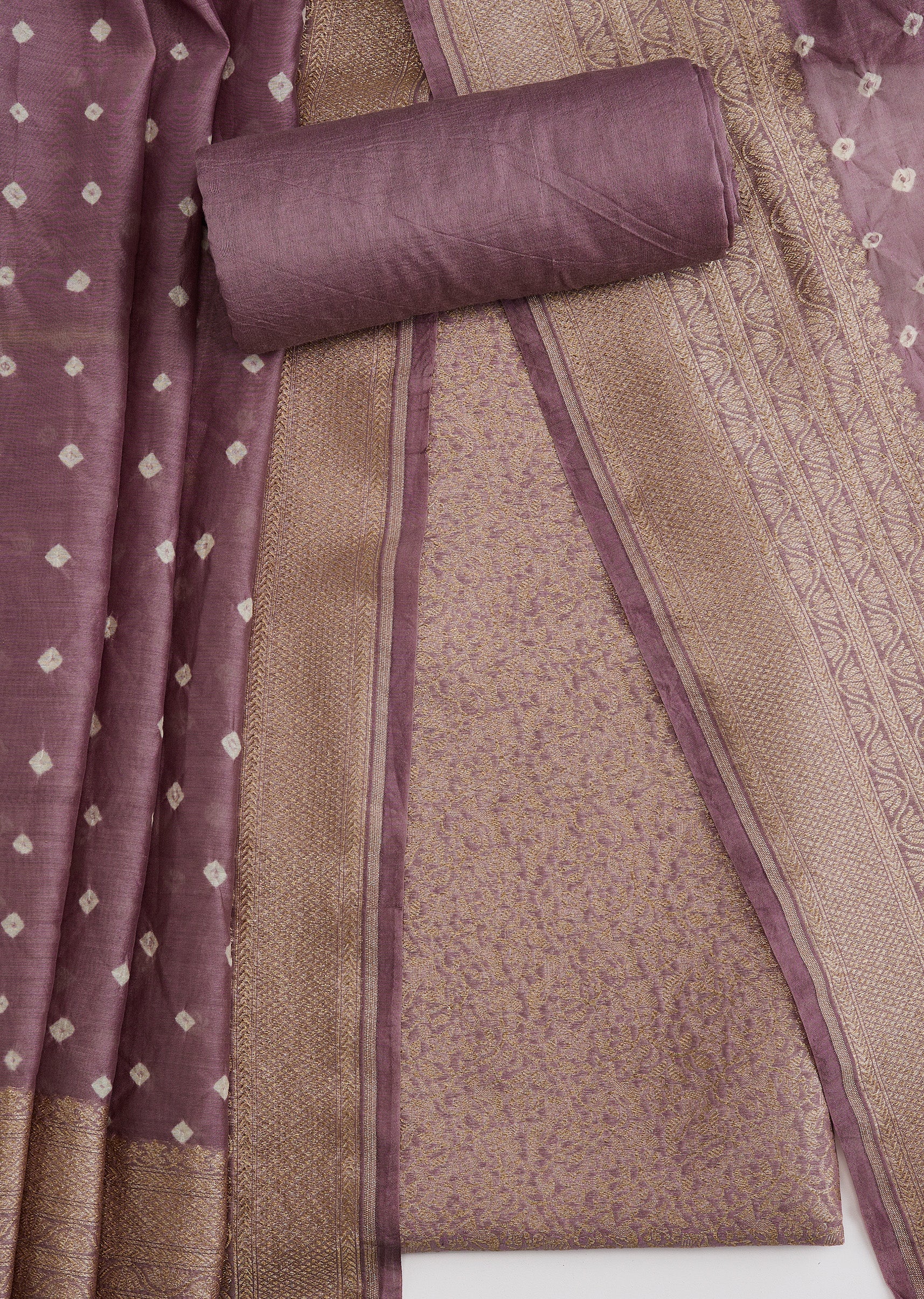 Onion Pink Banarasi Silk Unstitched Suit Set With Bandhani Dupatta