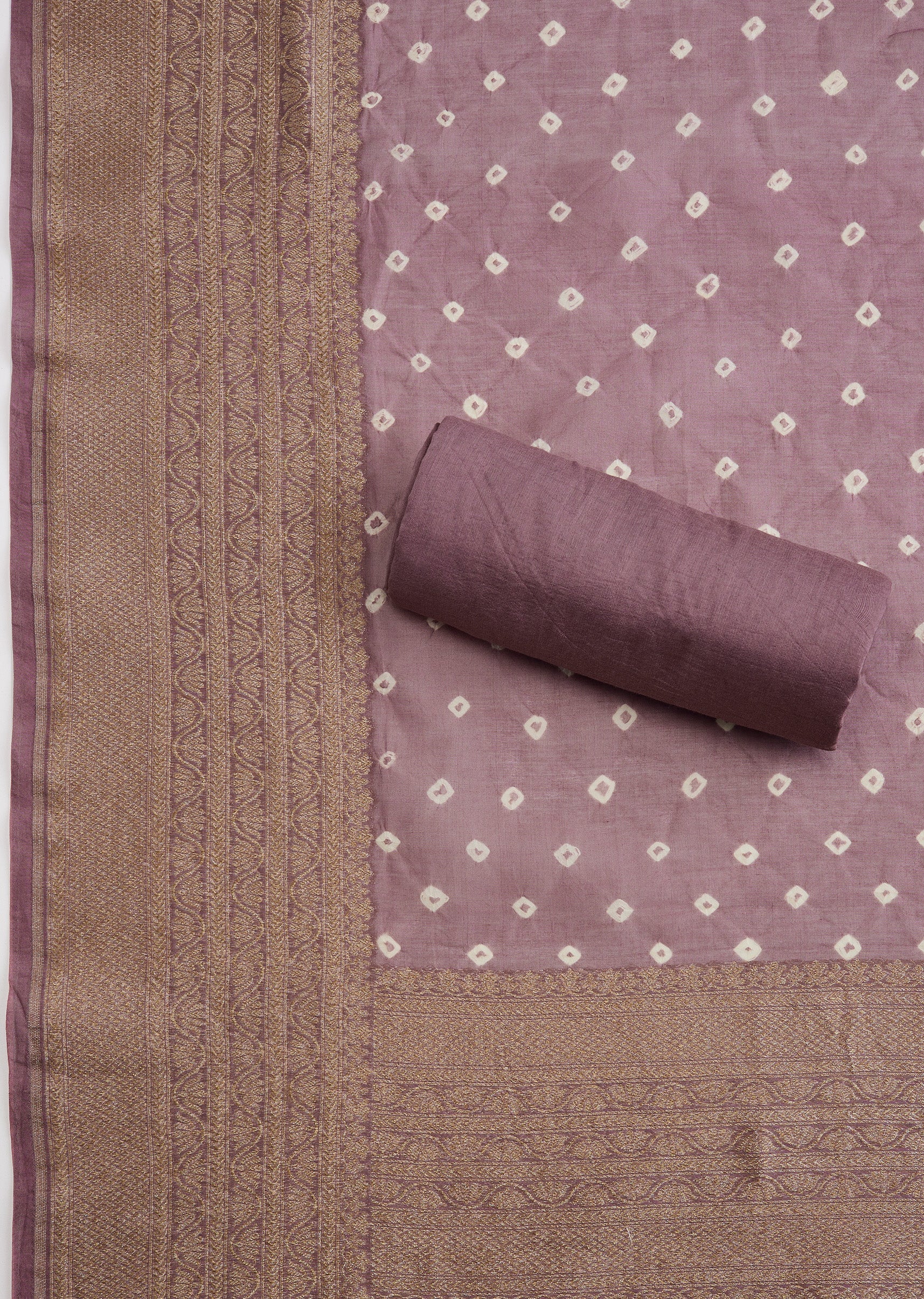 Onion Pink Banarasi Silk Unstitched Suit Set With Bandhani Dupatta - Image 3