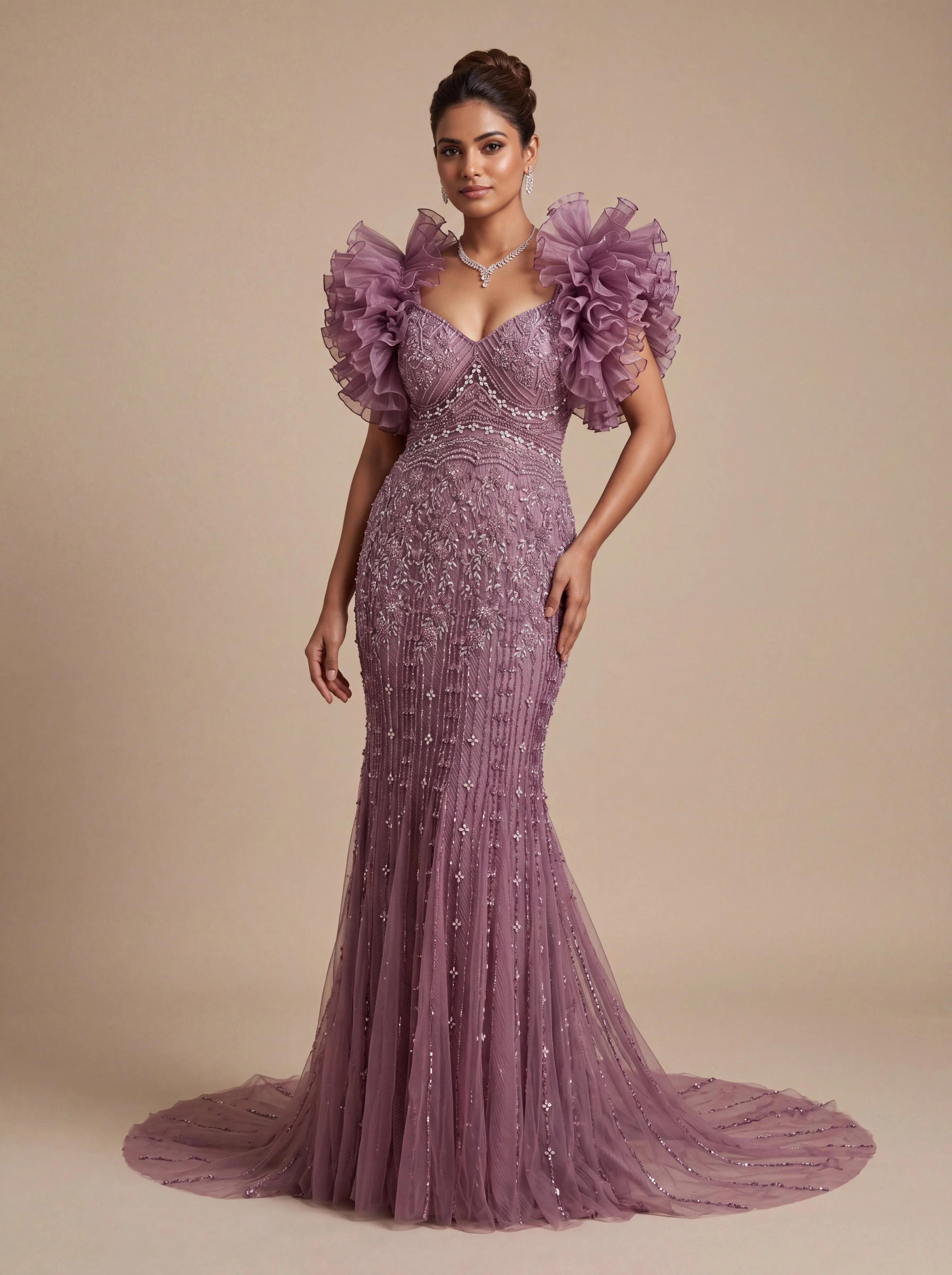 Onion Pink Contemporary Bridal Gown With Feather Neckline  Mermaid Fit