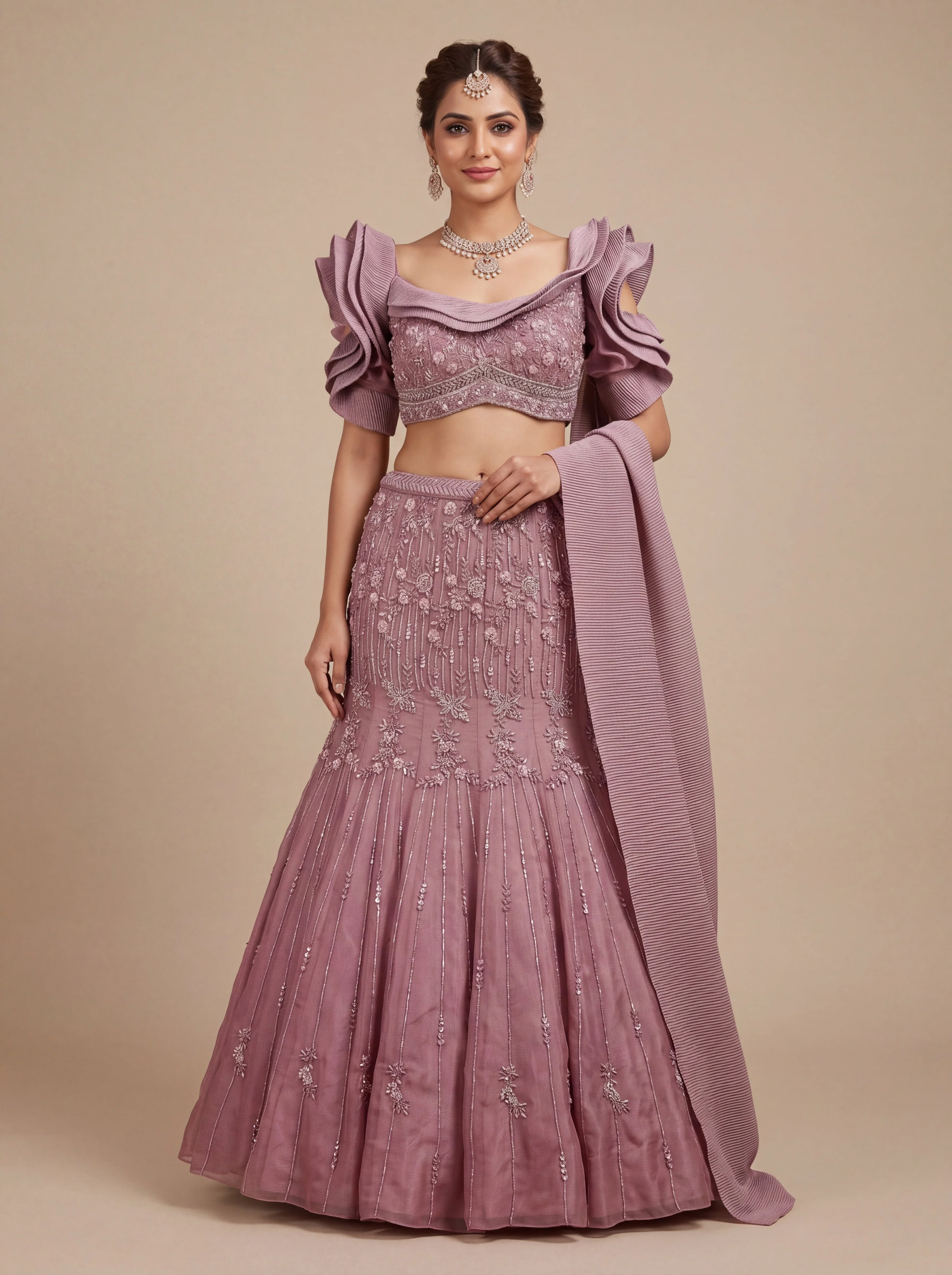 Onion Pink Contemporary Bridal Lehenga With Ruffled Layered Skirt