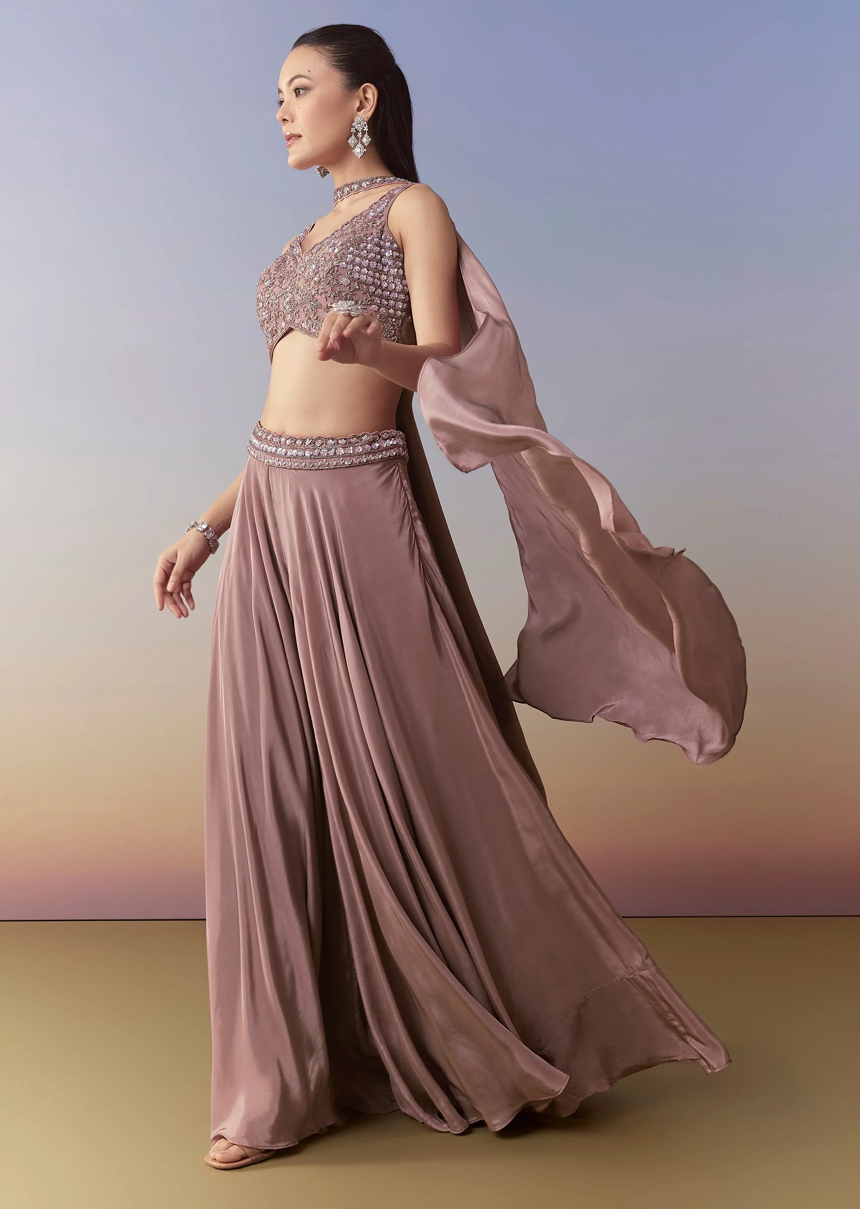 Onion Pink Crop Top Palazzo Set with Cutdana Work - Image 3