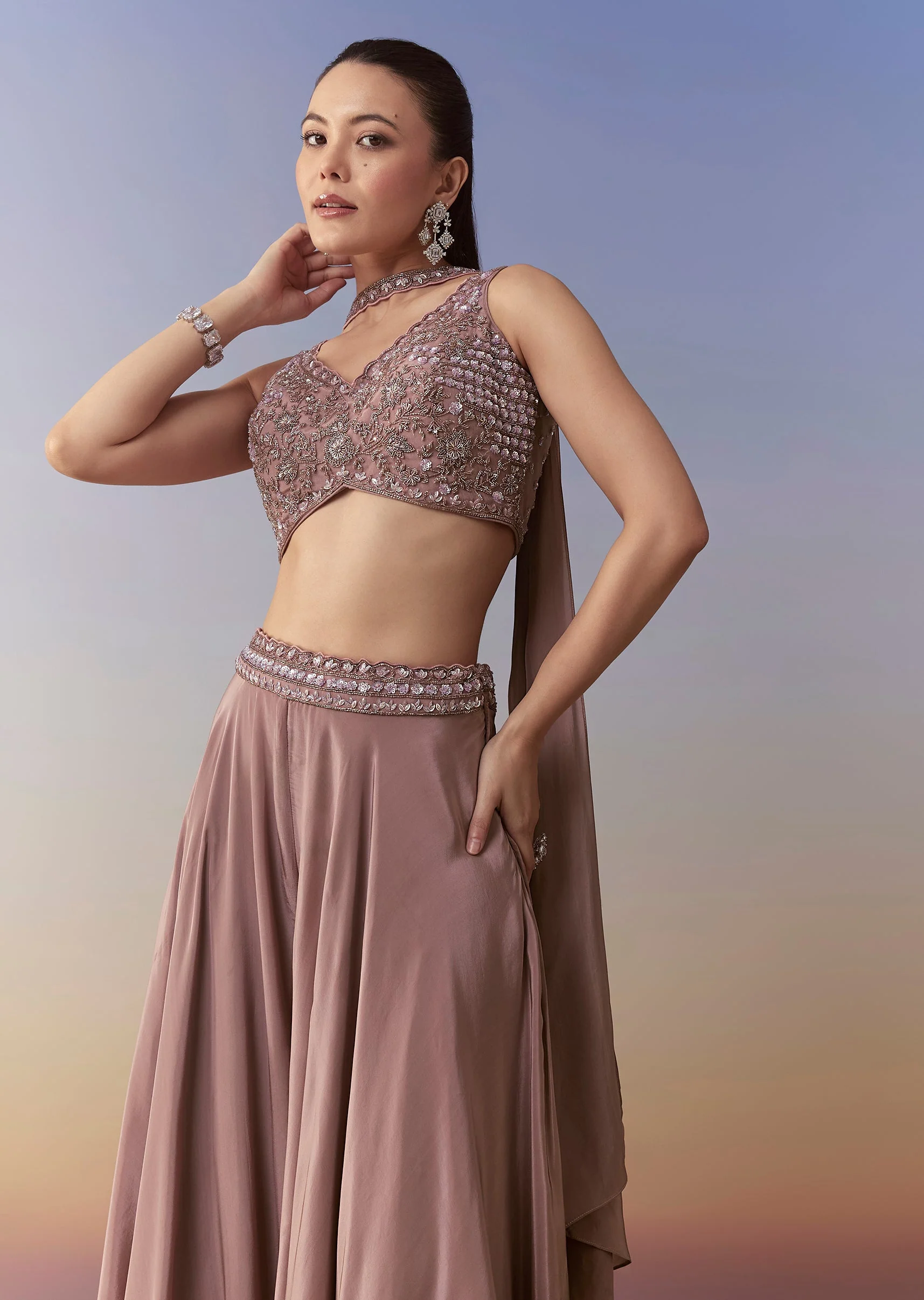 Onion Pink Crop Top Palazzo Set with Cutdana Work - Image 4