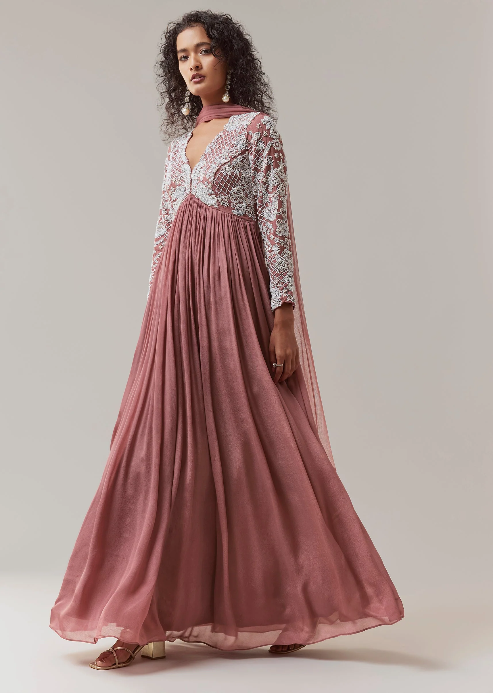 Onion Pink Embroidered Anarkali with Dupatta - Image 3