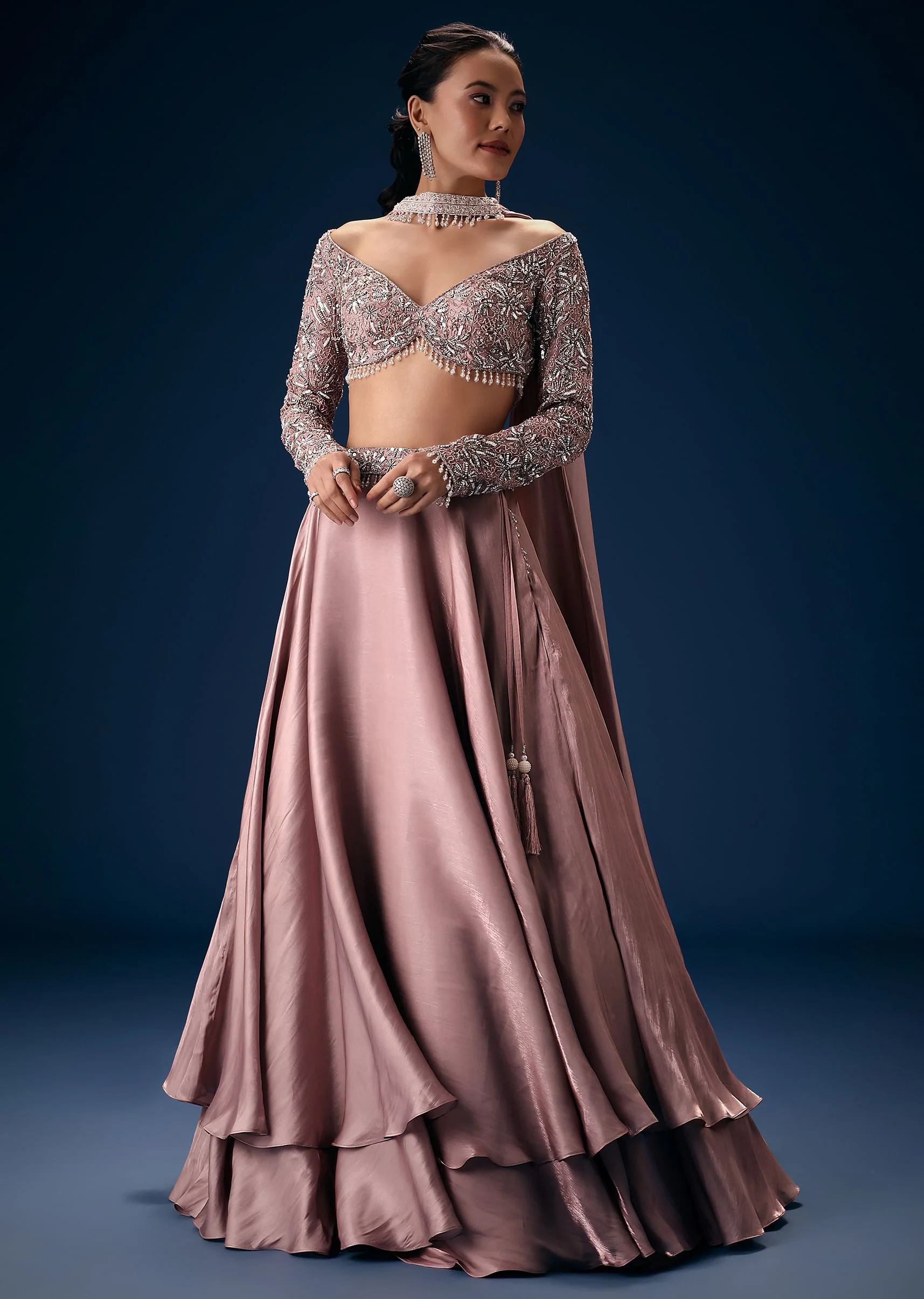 Onion Pink Embroidered Blouse With Lehenga And Choker Dupatta