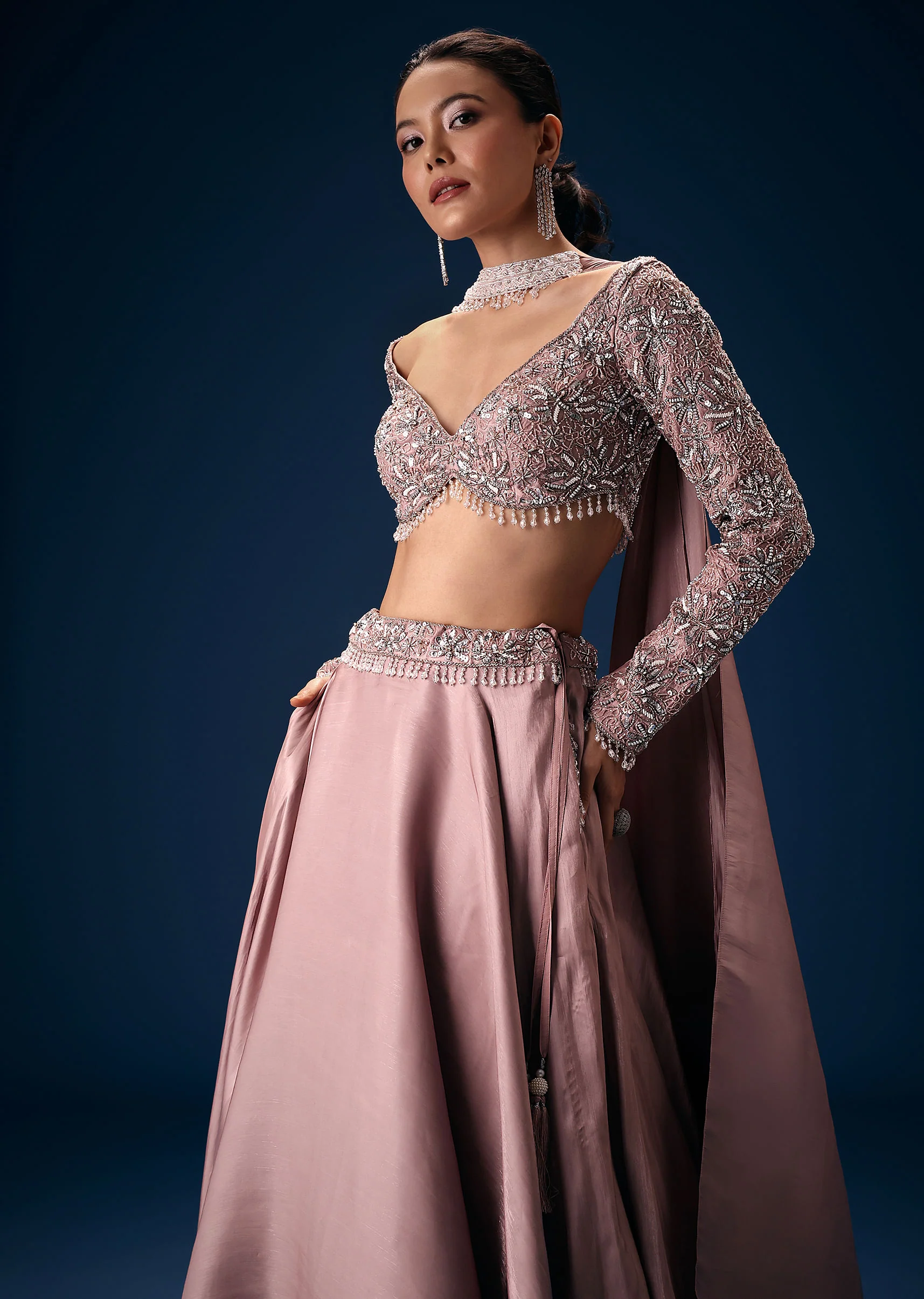 Onion Pink Embroidered Blouse With Lehenga And Choker Dupatta - Image 2