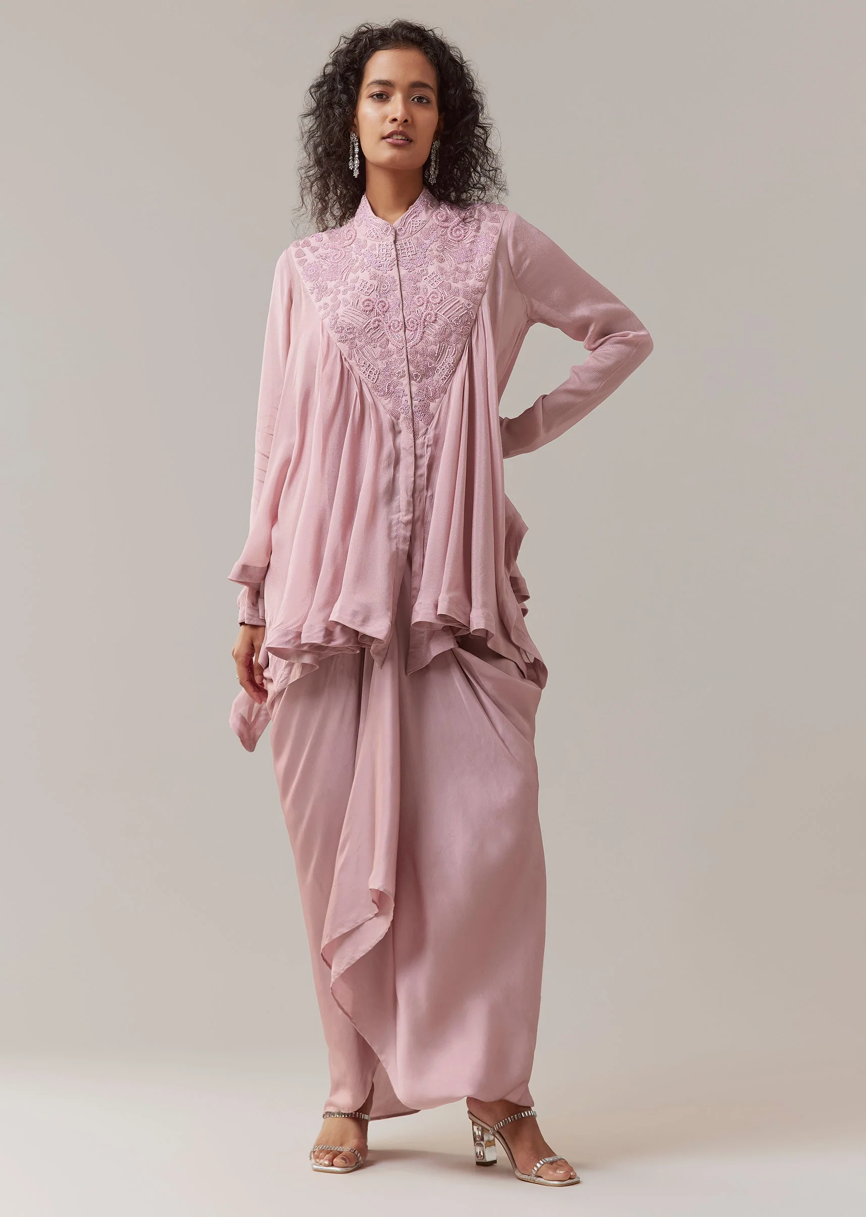 Onion Pink Embroidered Cape Top and Skirt Set