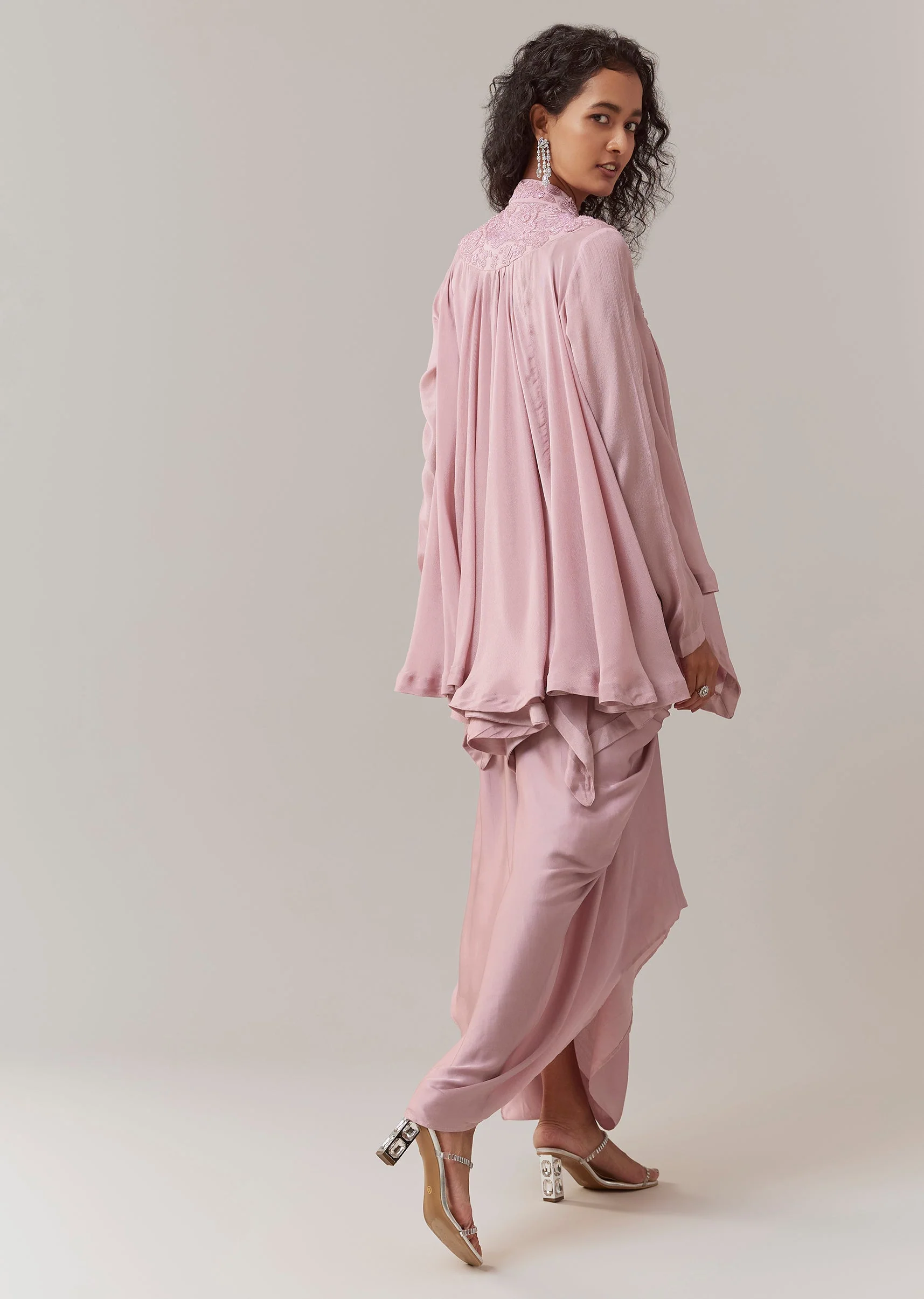 Onion Pink Embroidered Cape Top and Skirt Set - Image 5