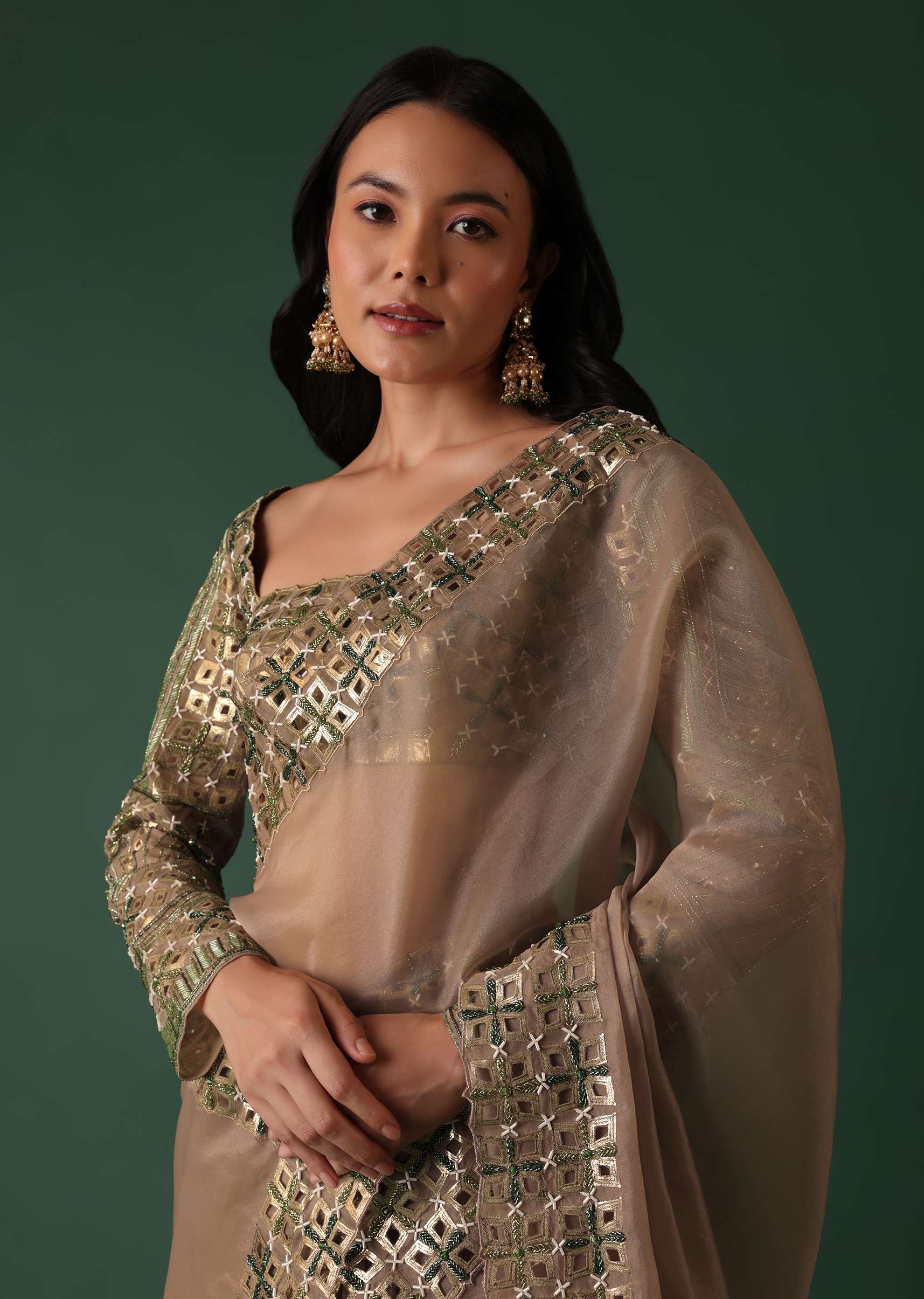 Onion Pink Foil Printed Saree And Blouse In Organza - Image 2