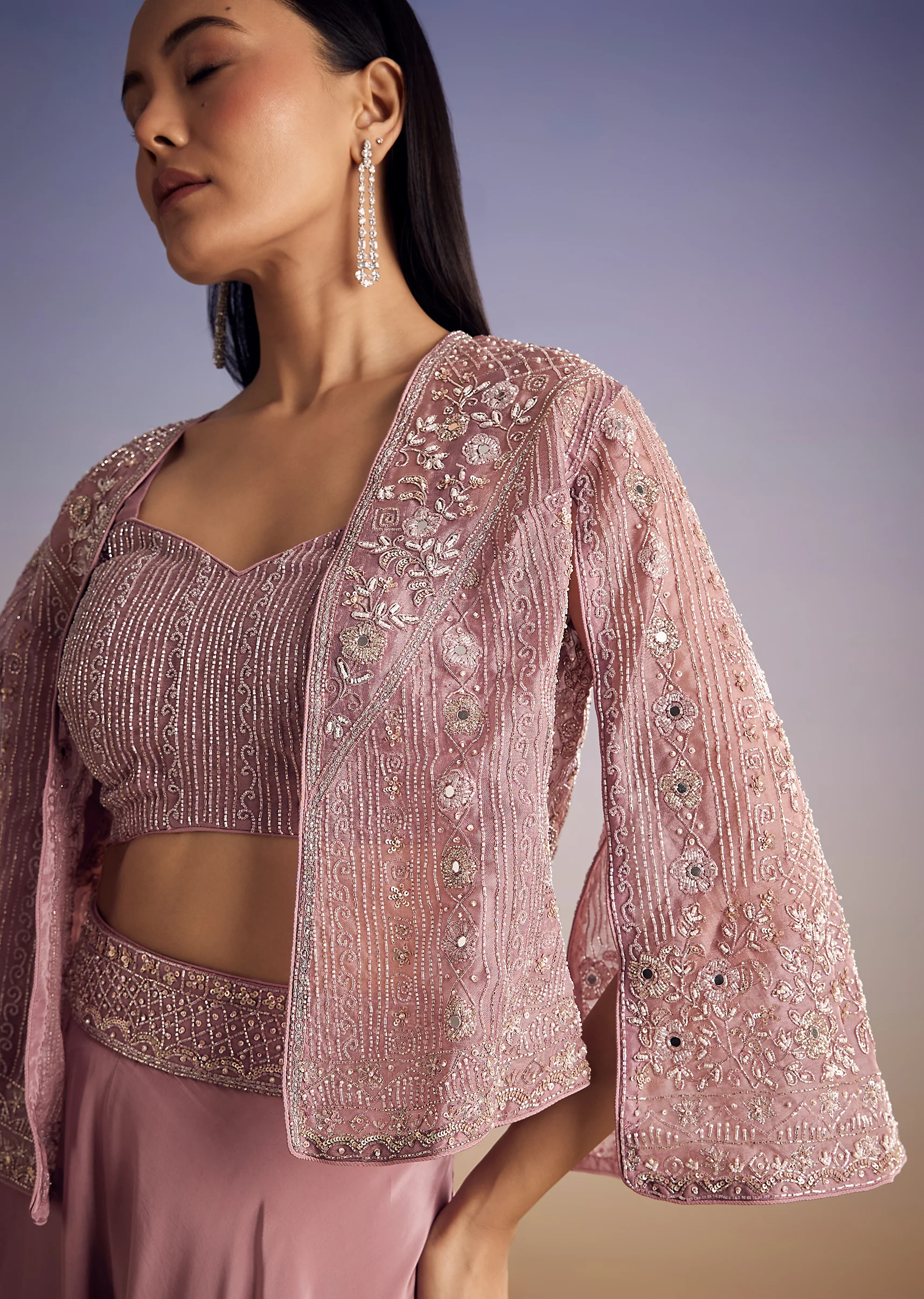 Onion Pink Organza Jacket Set With Cutdana And Beads Work - Image 2