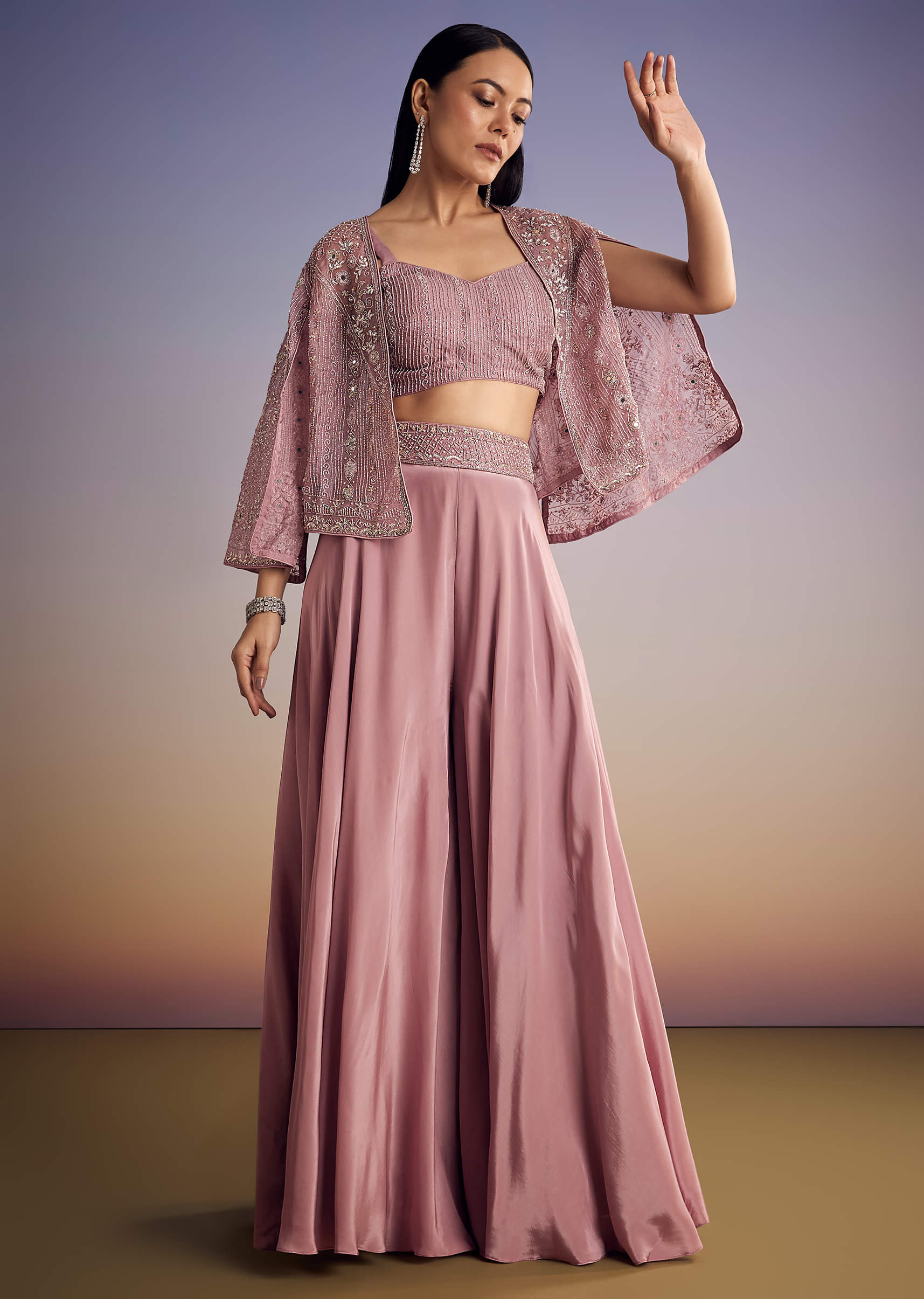 Onion Pink Organza Jacket Set With Cutdana And Beads Work - Image 3