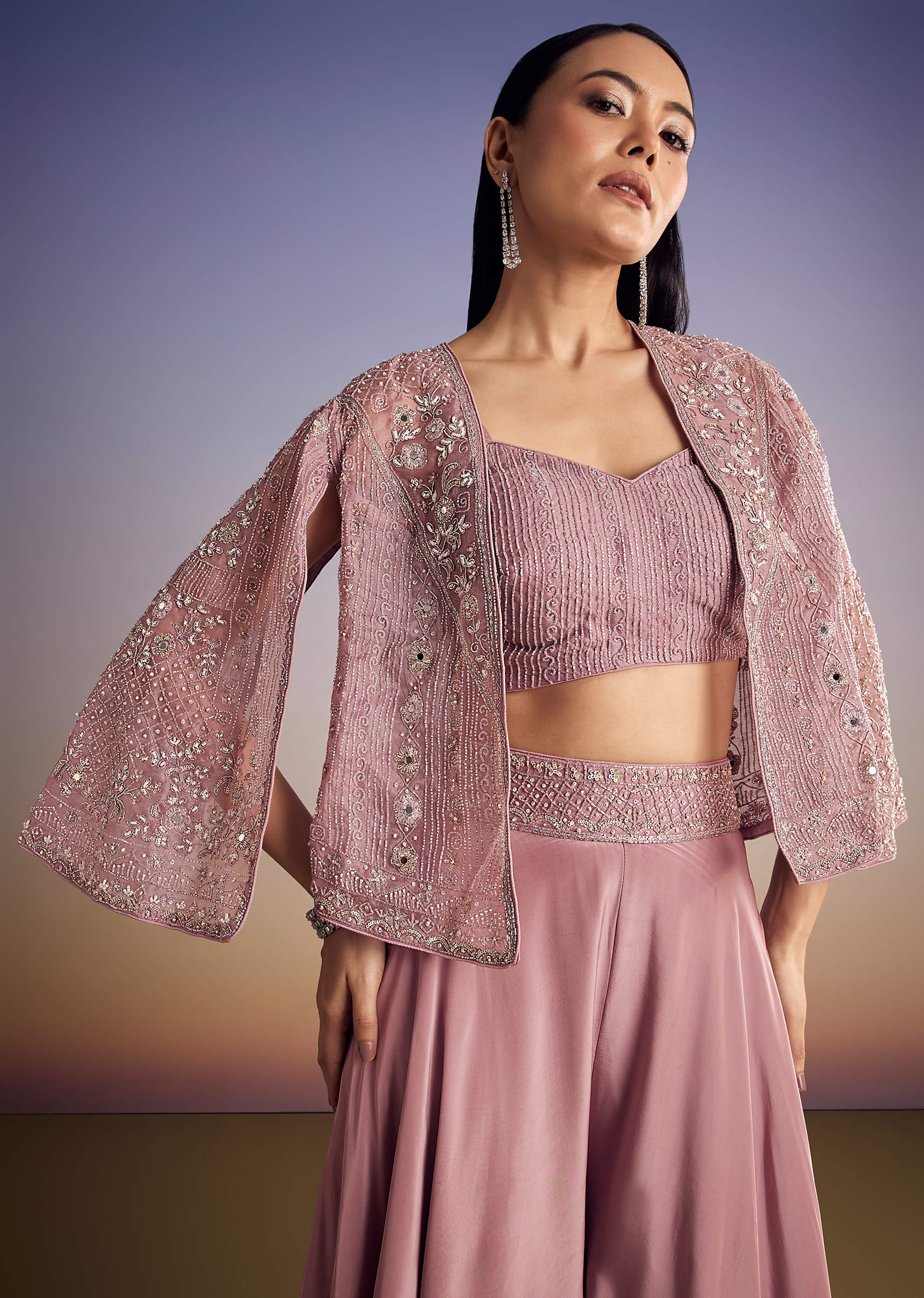 Onion Pink Organza Jacket Set With Cutdana And Beads Work - Image 4