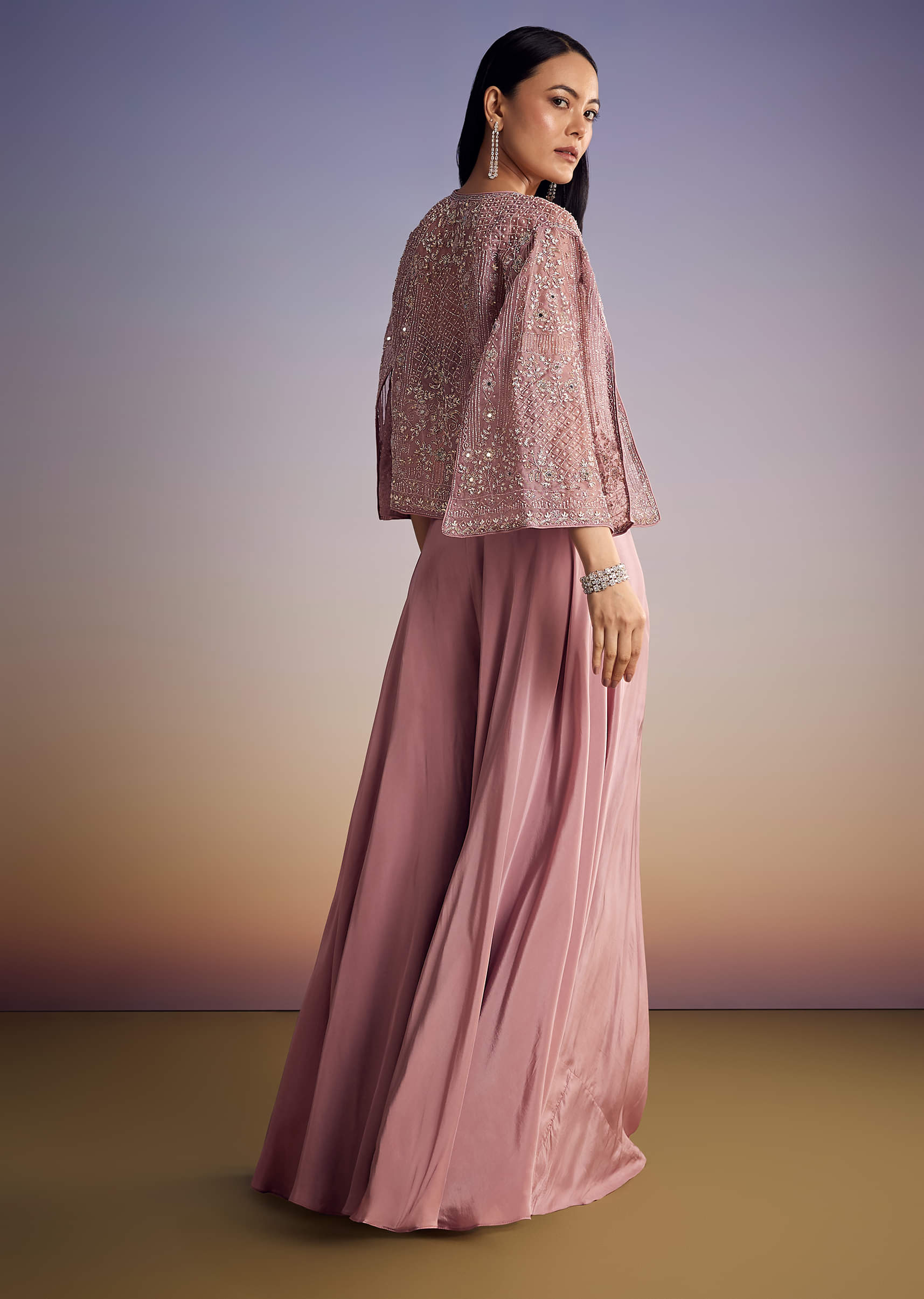 Onion Pink Organza Jacket Set With Cutdana And Beads Work - Image 5