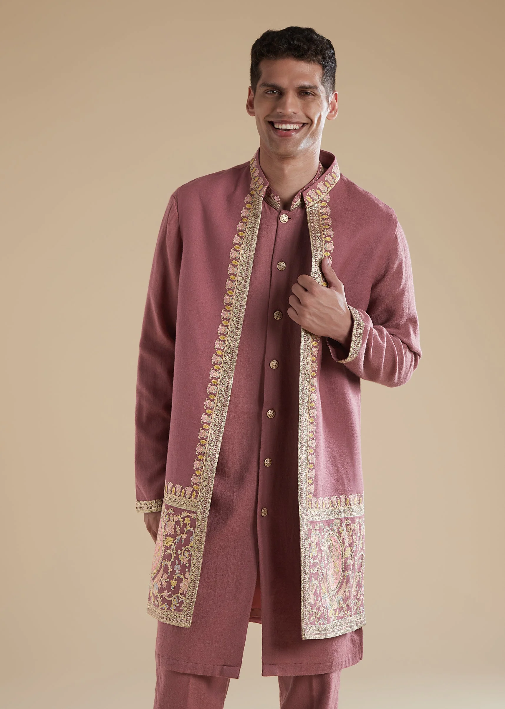 Onion Pink Pashmina Kurta Jacket Set With Thread Resham Work - Image 4