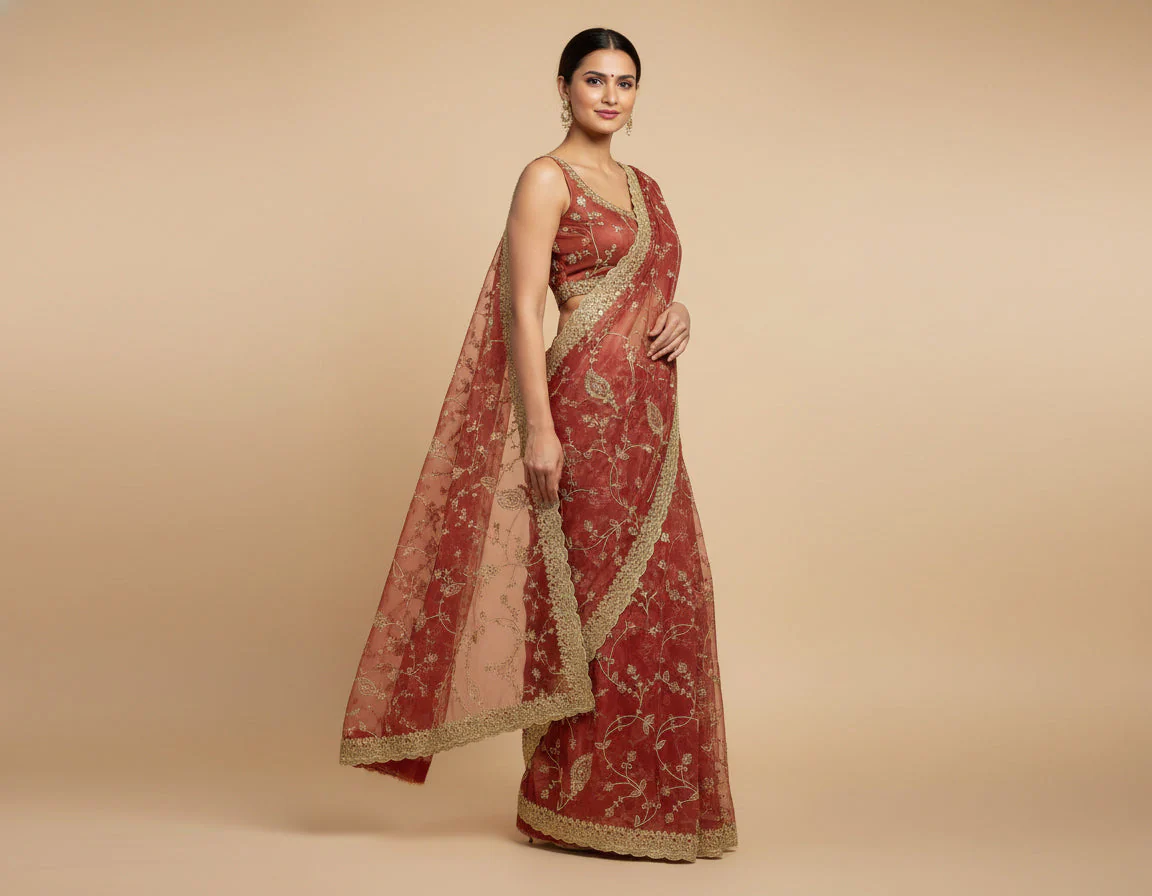 Onion Pink Rosy Embroidered Saree