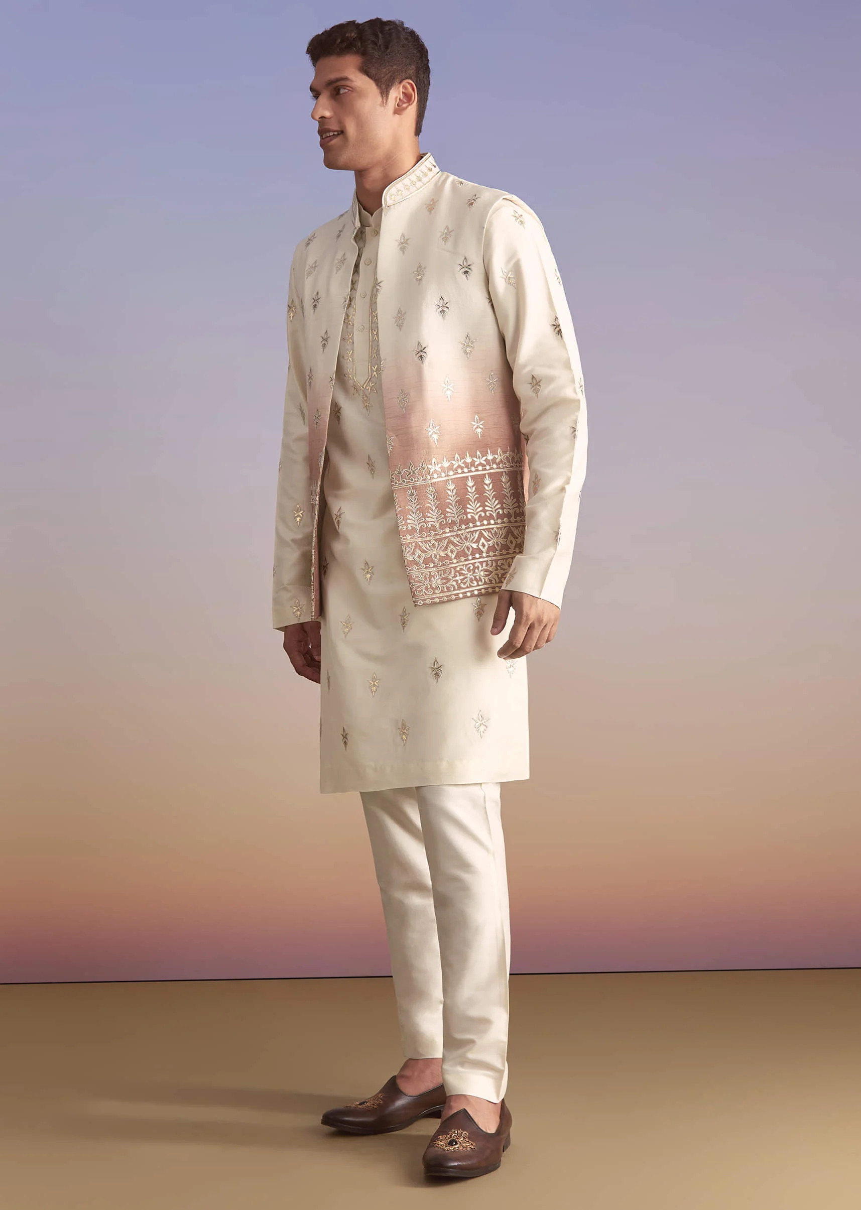 Onion Pink Silk Kurta Jacket Set For Men With Applique Work - Image 3