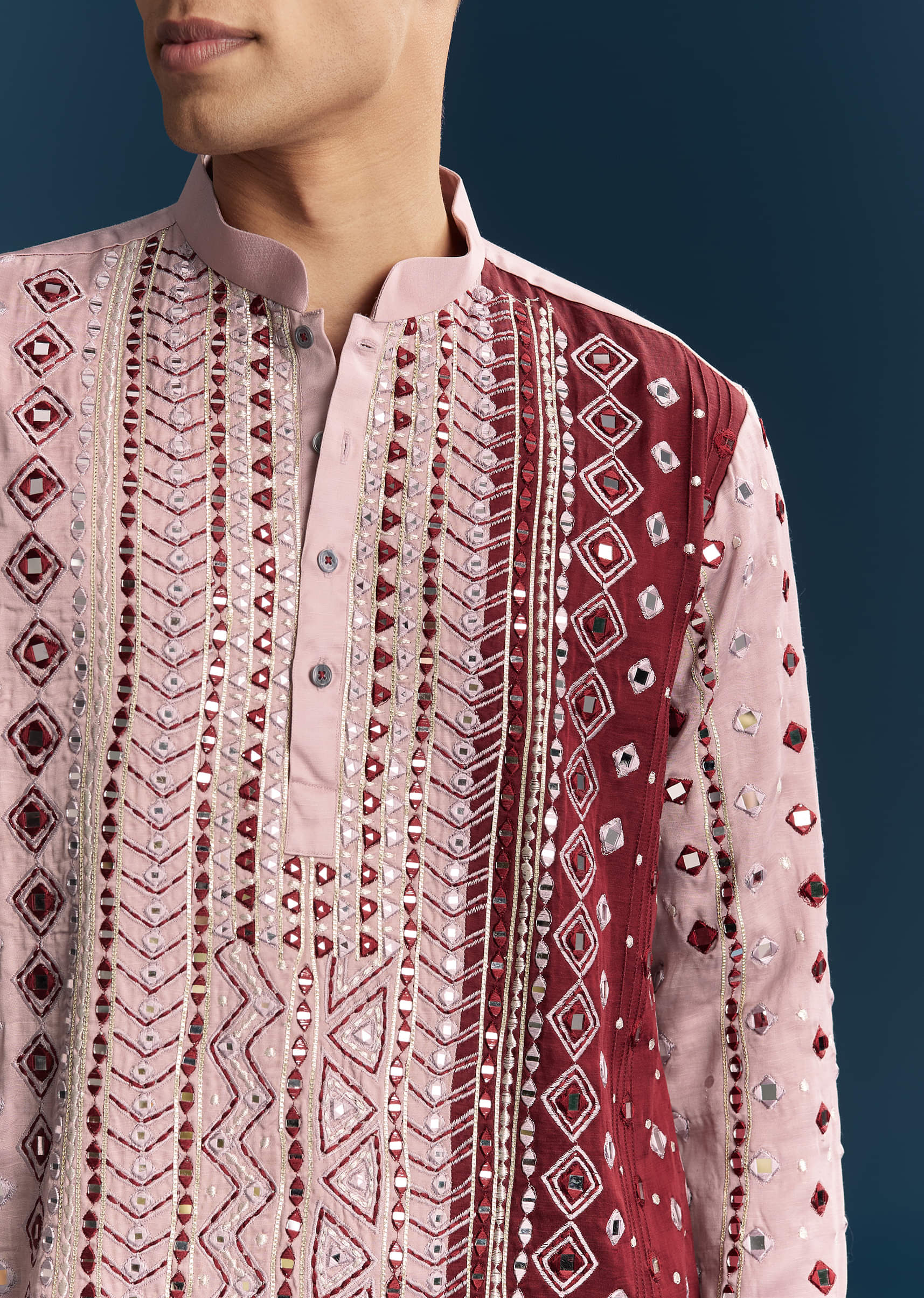Onion Pink Silk Kurta Set For Men With Mirror And Thread Work - Image 2