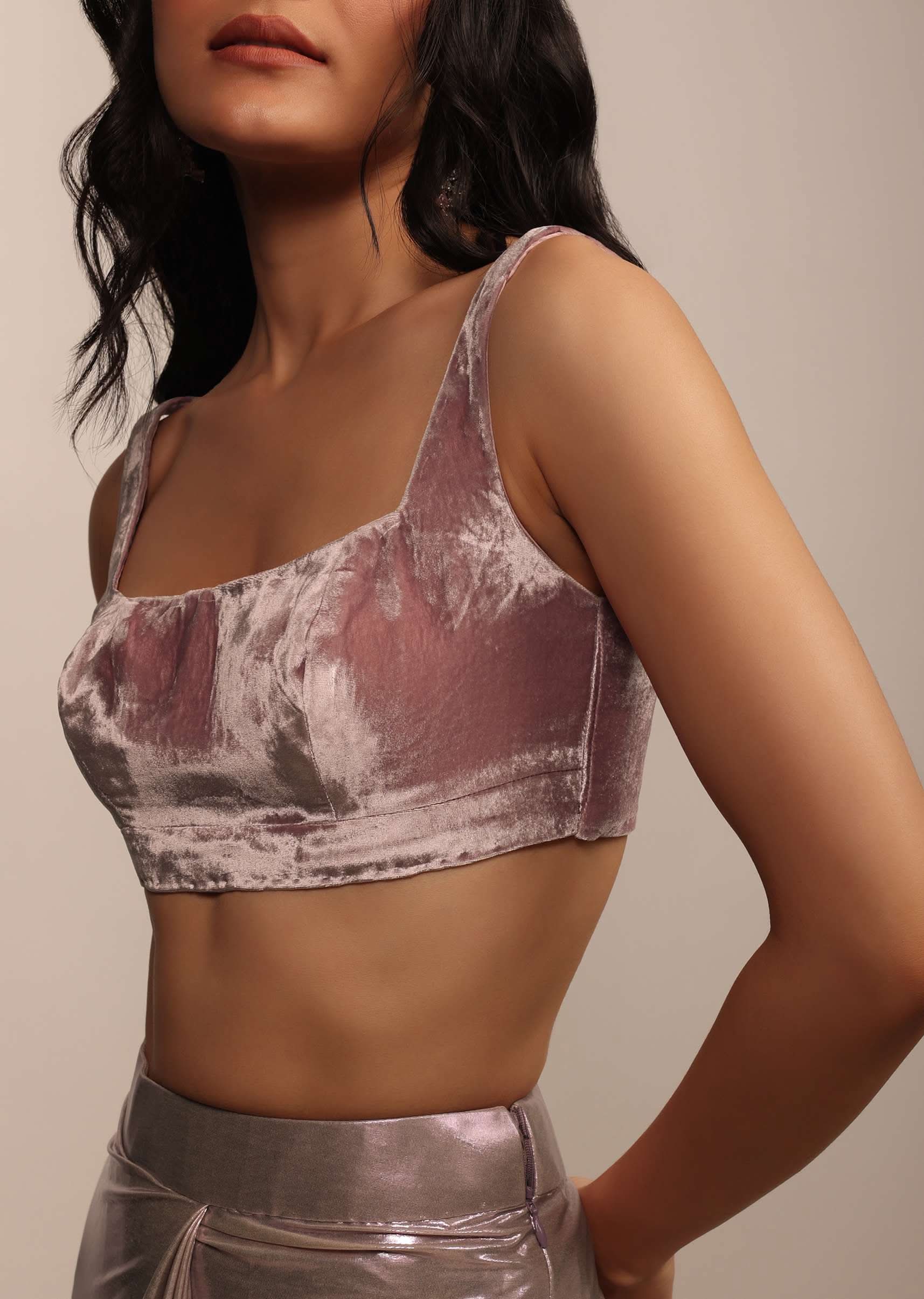 Onion Pink Sleeveless Blouse in Velvet With Scoop Neckline - Image 3